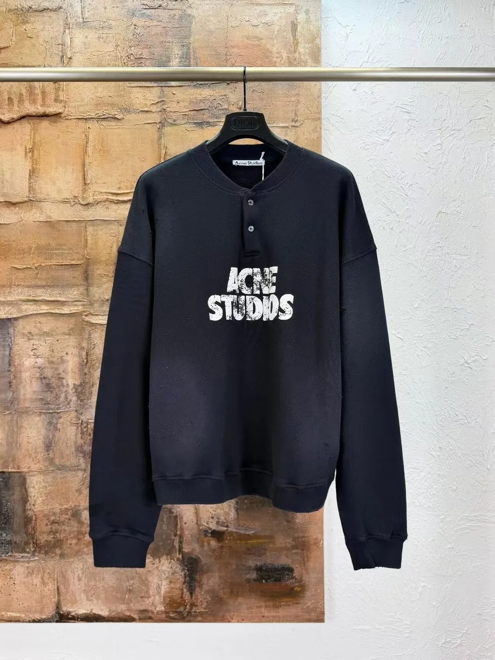 Acne Studios Logo Distressed Cotton Fleece Henley Sweatshirt (Black)