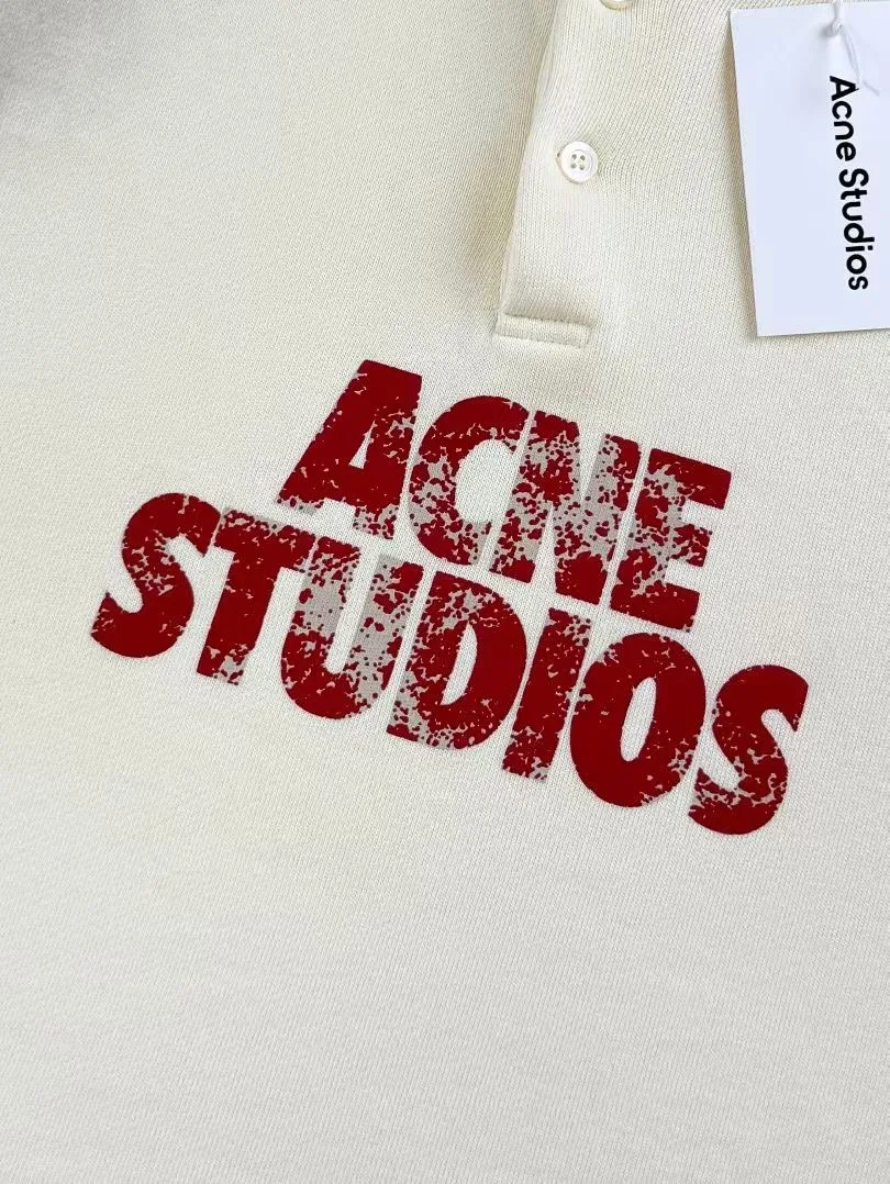 Acne Studios Logo Distressed Cotton Fleece Henley Sweatshirt (White) — 보기 2