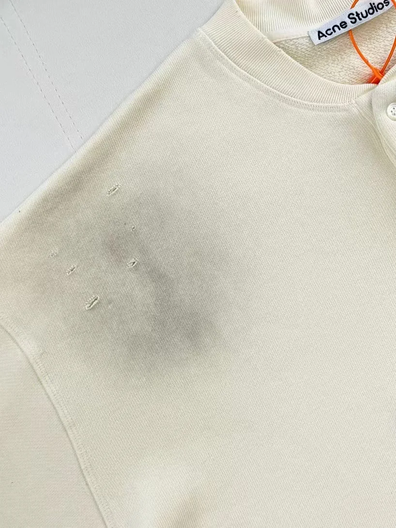 Acne Studios Logo Distressed Cotton Fleece Henley Sweatshirt (White) — 보기 4