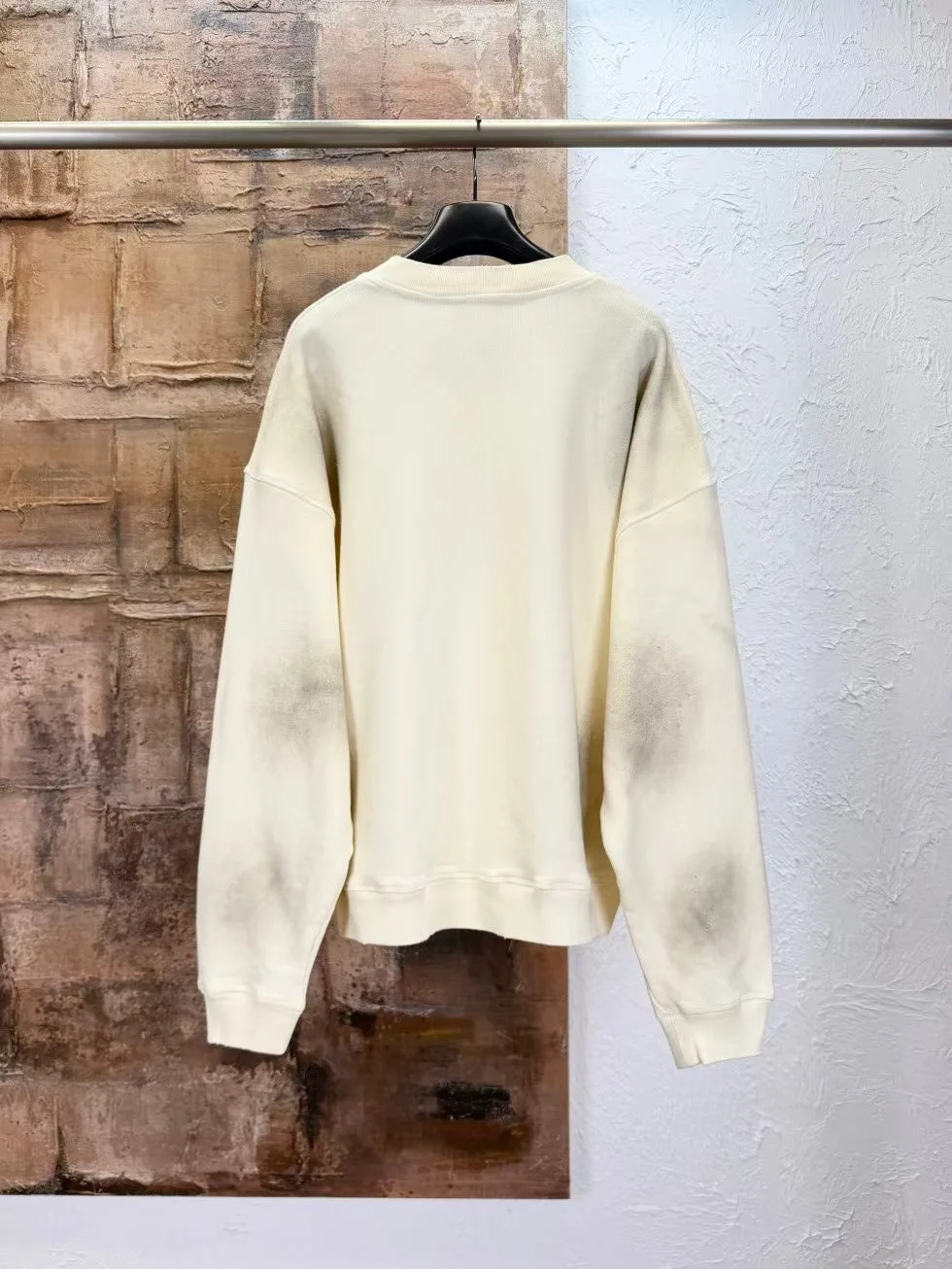 Acne Studios Logo Distressed Cotton Fleece Henley Sweatshirt (White) — 보기 6