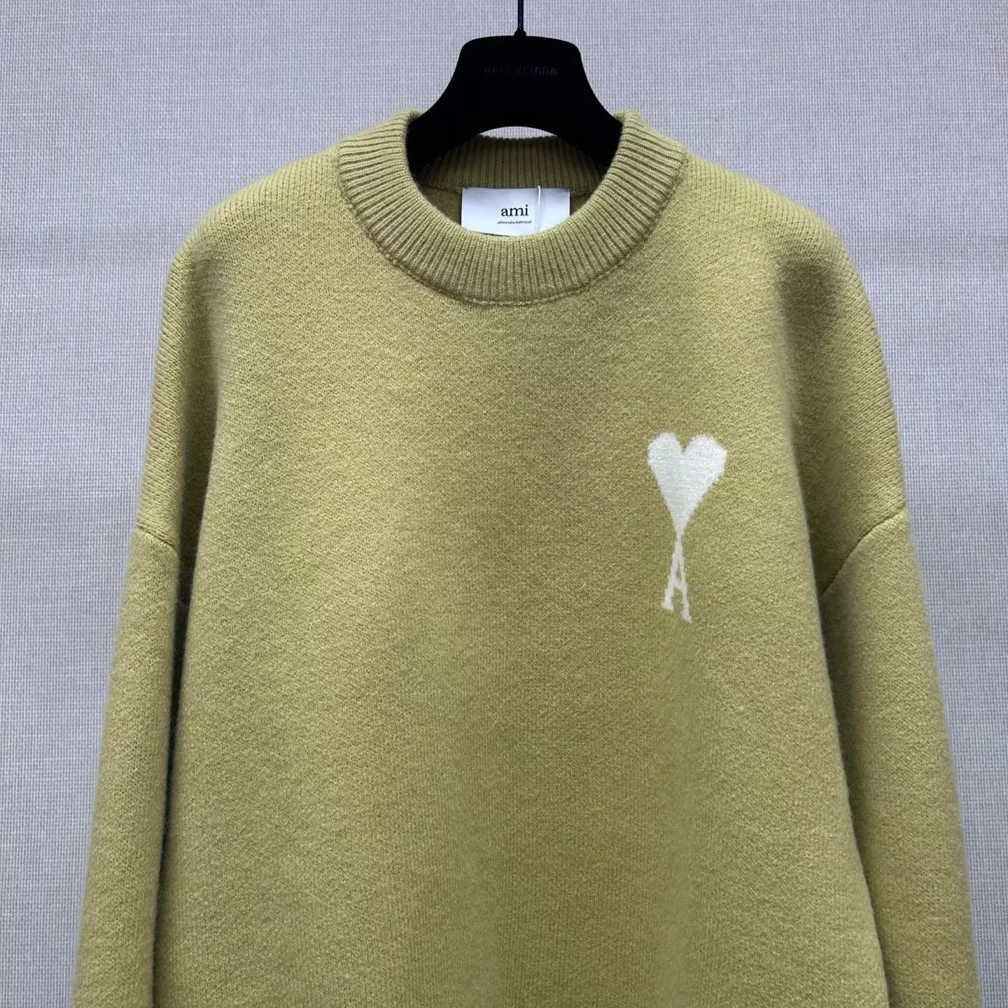 Ami Wool and Cotton Crewneck Ami De Coeur Sweater (Green) — view 2