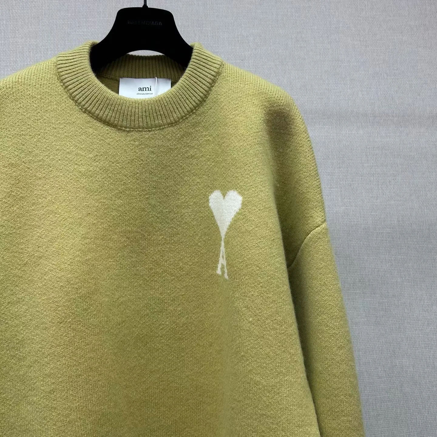 Ami Wool and Cotton Crewneck Ami De Coeur Sweater (Green) — view 6