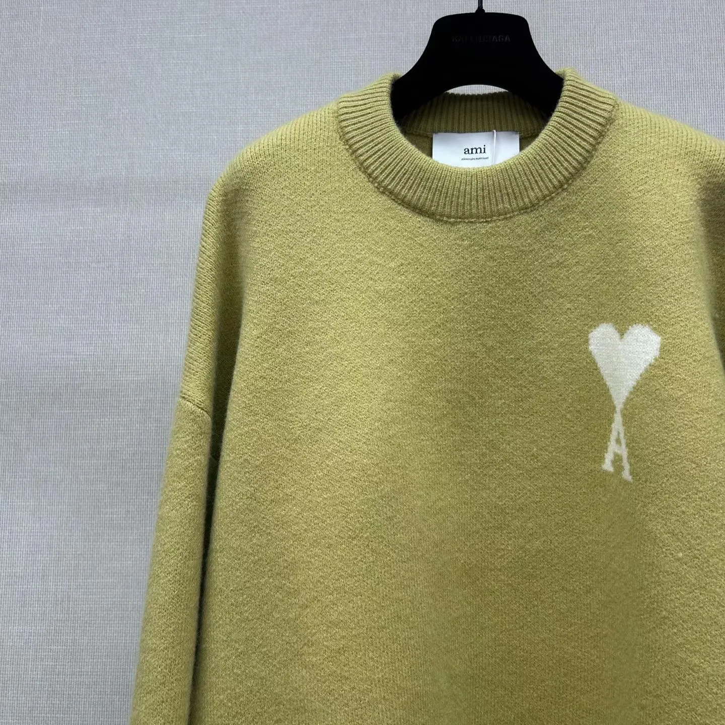 Ami Wool and Cotton Crewneck Ami De Coeur Sweater (Green) — view 7