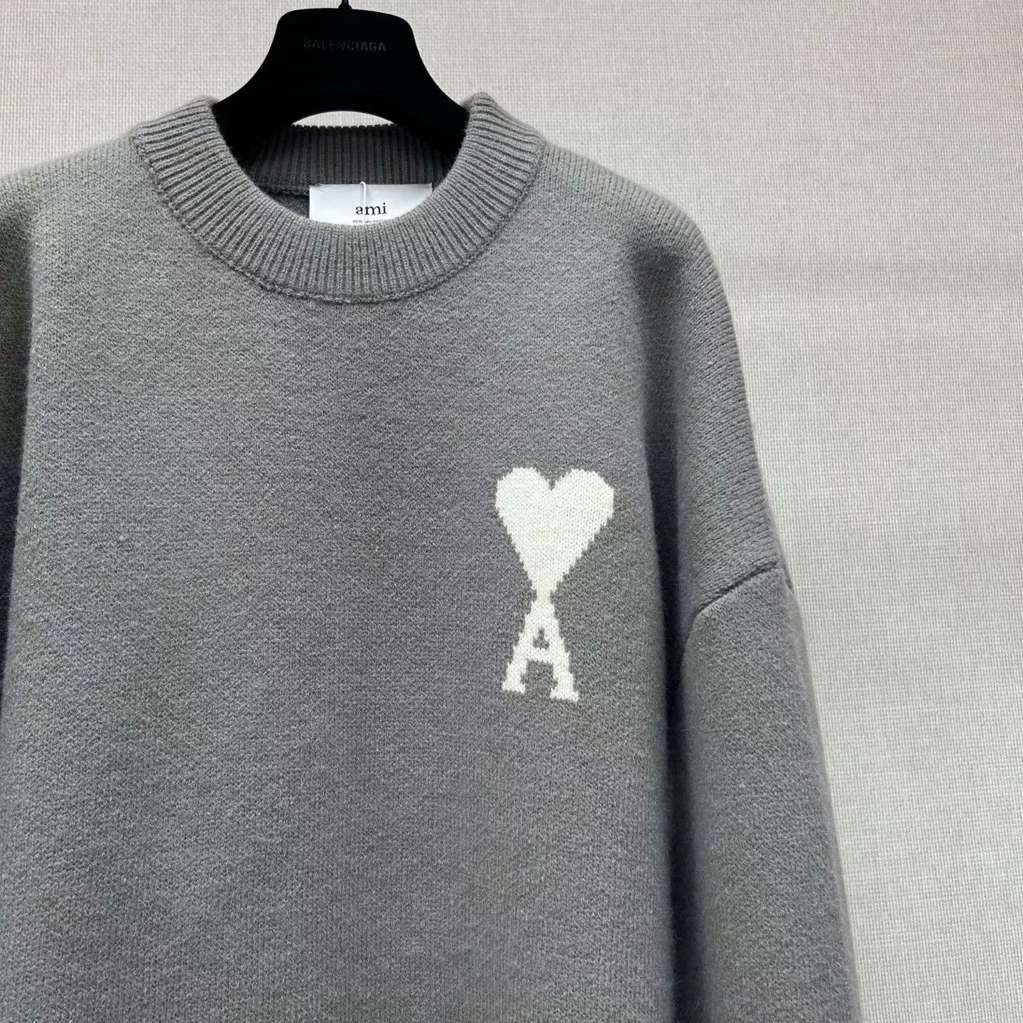 Ami Wool and Cotton Crewneck Ami De Coeur Sweater (Grey) — view 2