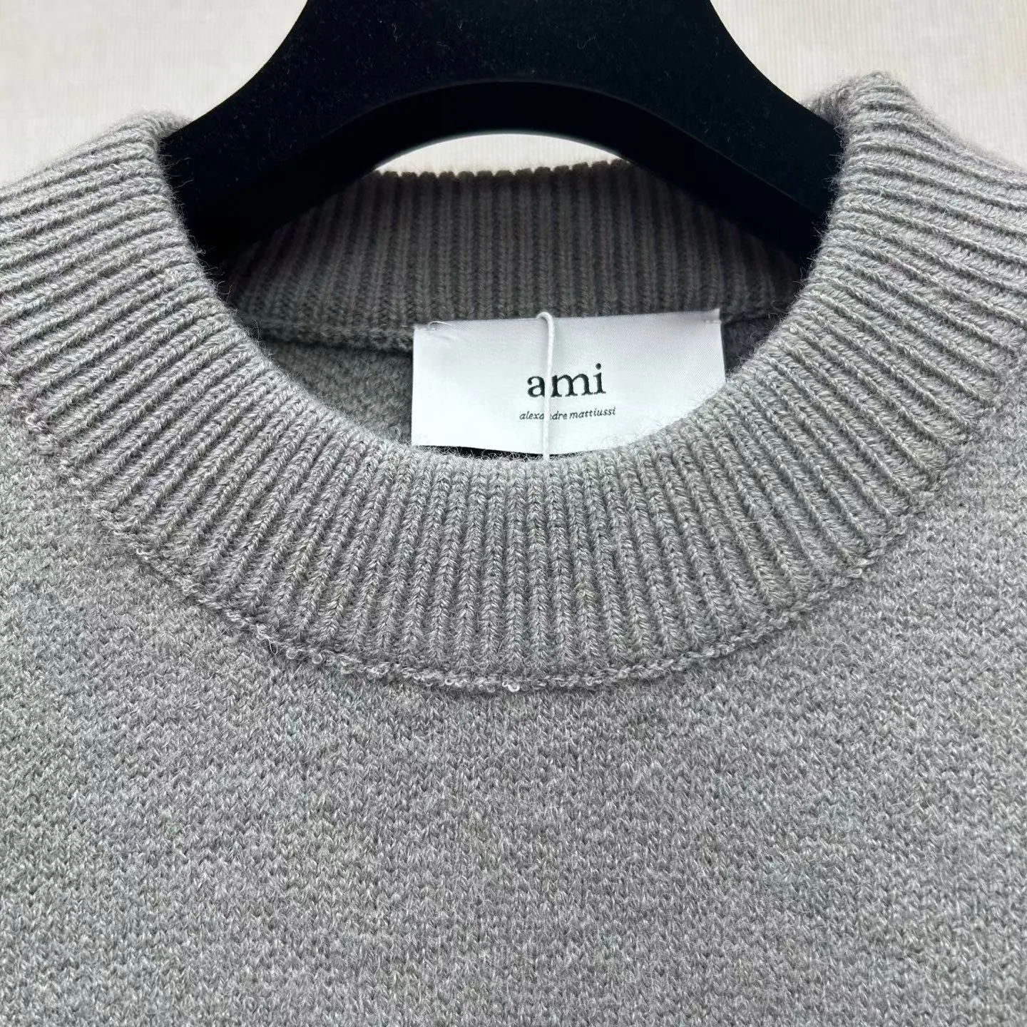 Ami Wool and Cotton Crewneck Ami De Coeur Sweater (Grey) — view 3