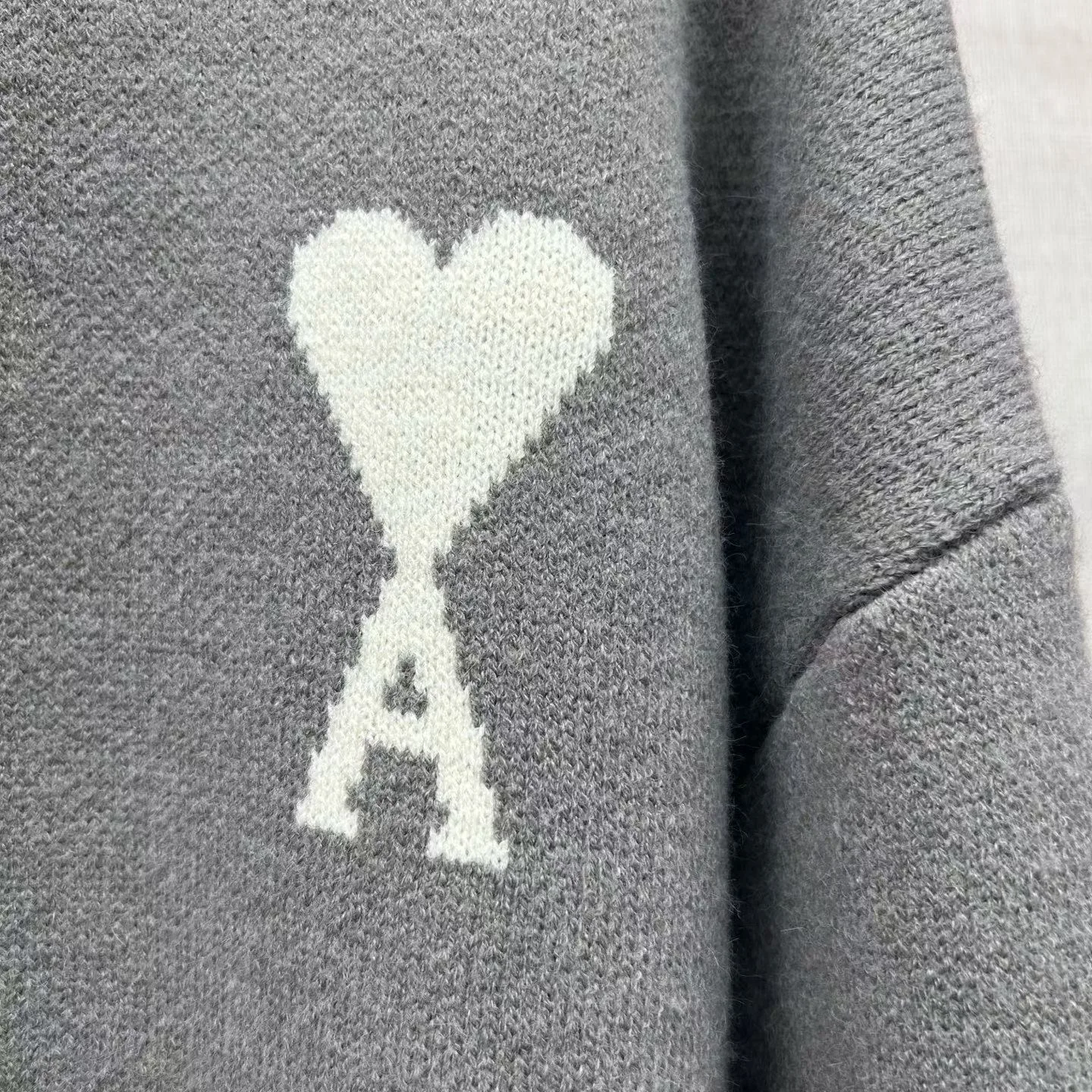Ami Wool and Cotton Crewneck Ami De Coeur Sweater (Grey) — view 4