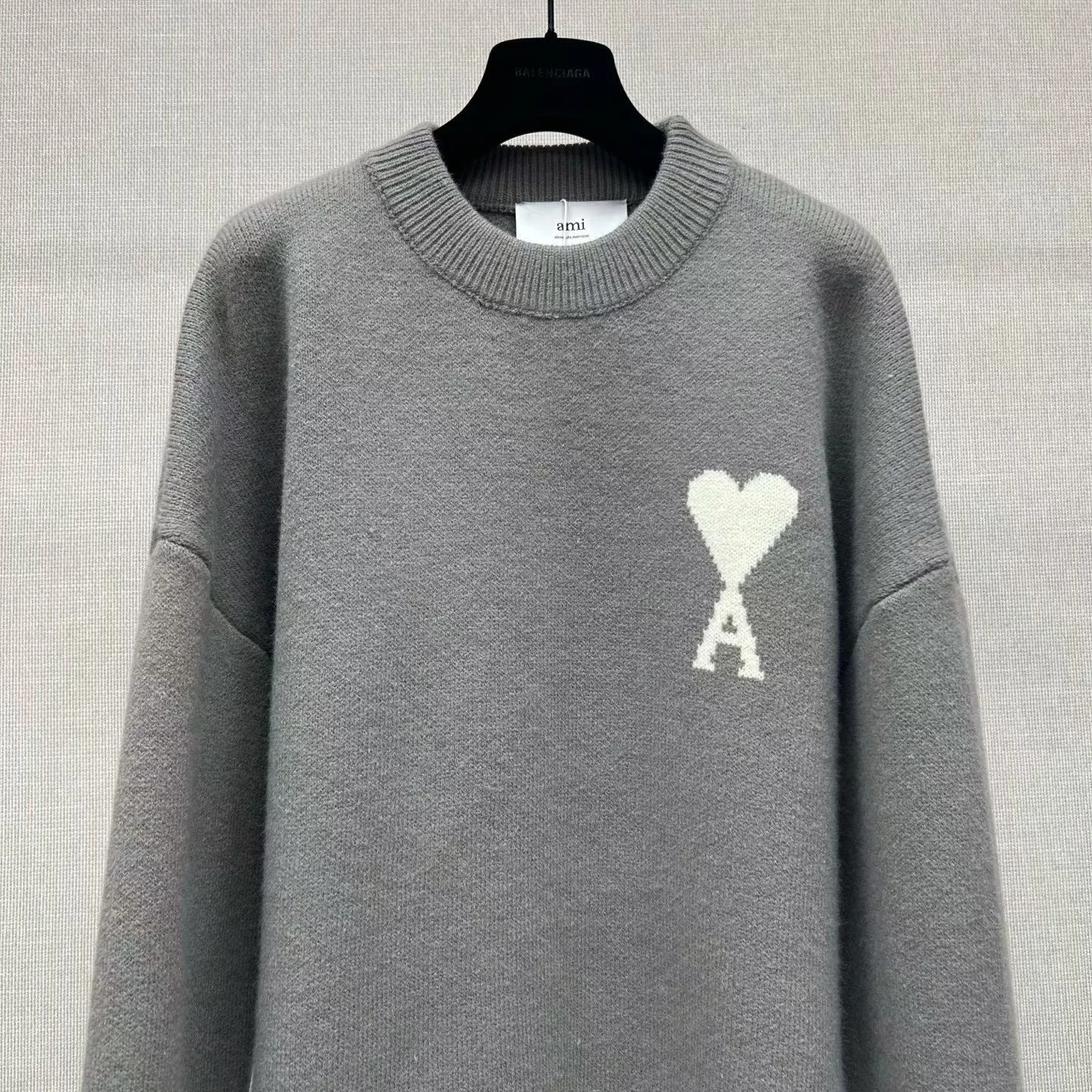 Ami Wool and Cotton Crewneck Ami De Coeur Sweater (Grey) — view 5