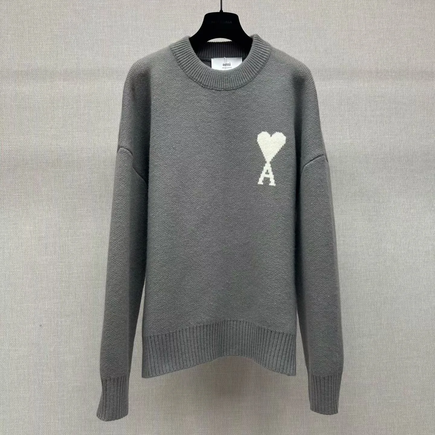 Ami Wool and Cotton Crewneck Ami De Coeur Sweater (Grey)