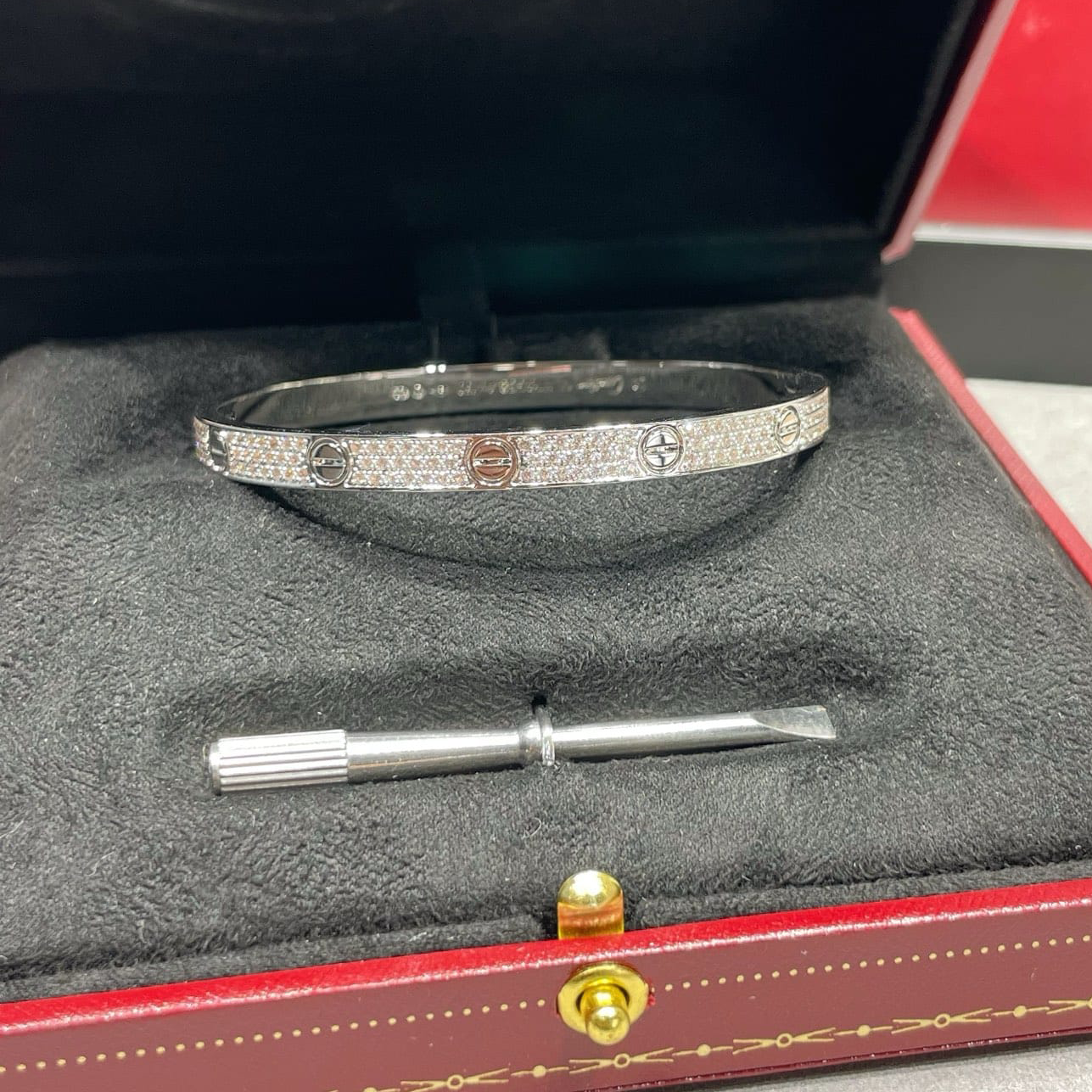 Cartier LOVE Bracelet, White Gold, Medium Model, Paved — view 2
