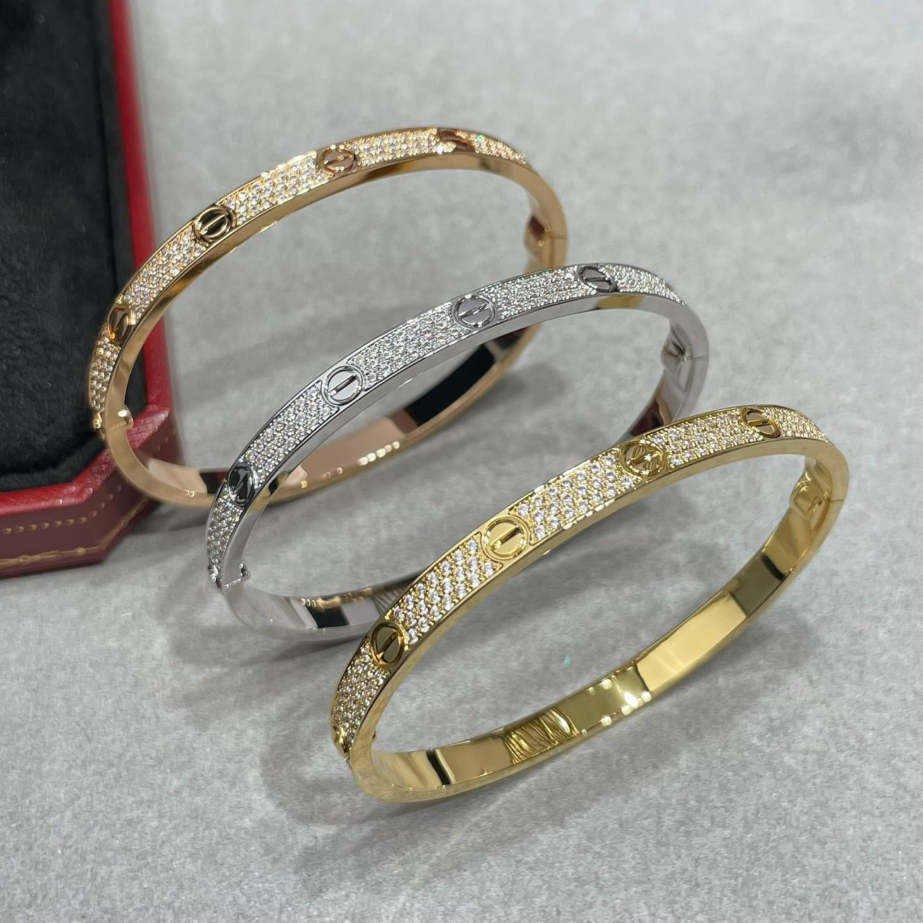 Cartier LOVE Bracelet, White Gold, Medium Model, Paved — view 3