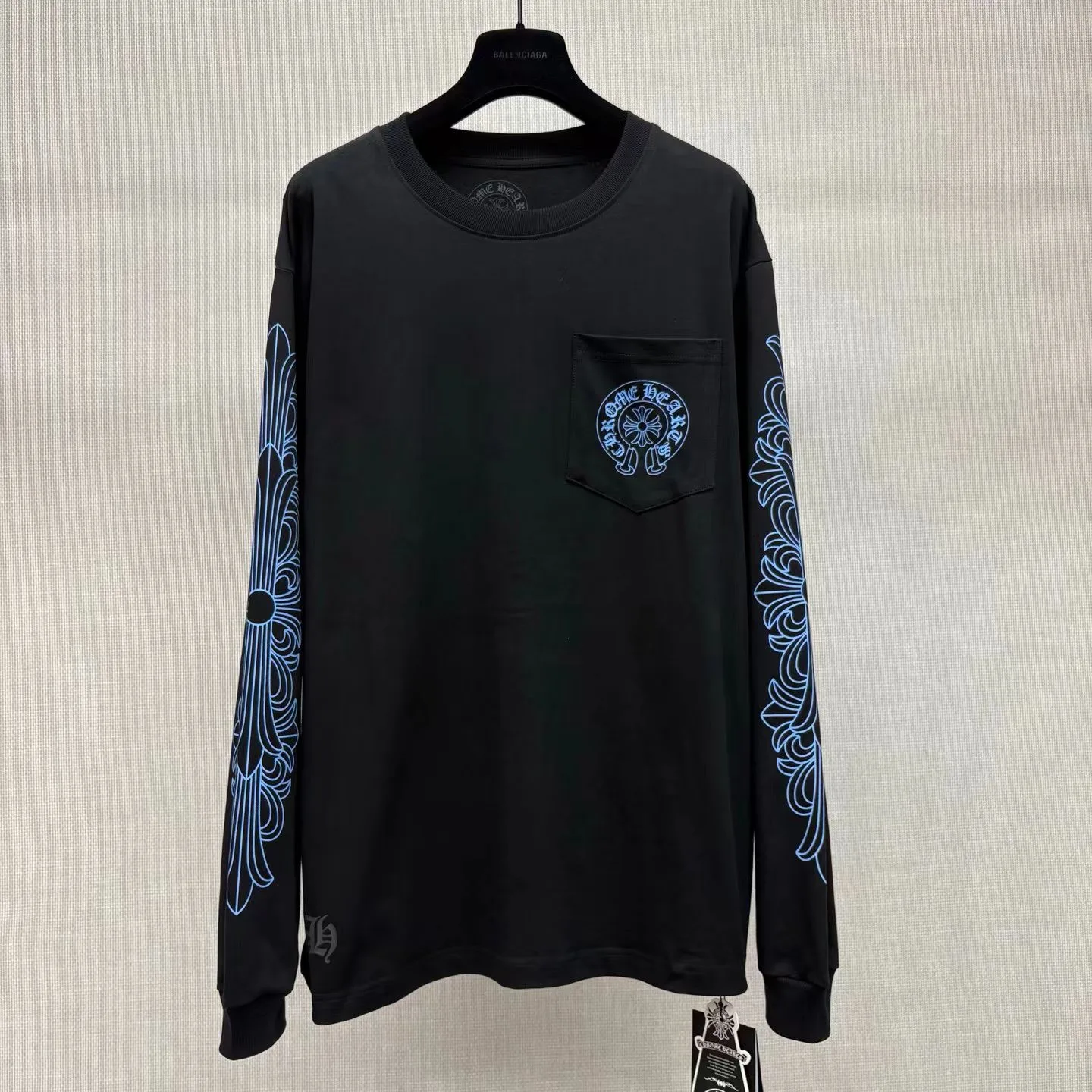 Chrome Hearts Horseshoe Pocket Logo Long Sleeve T Shirt (Black/Blue)