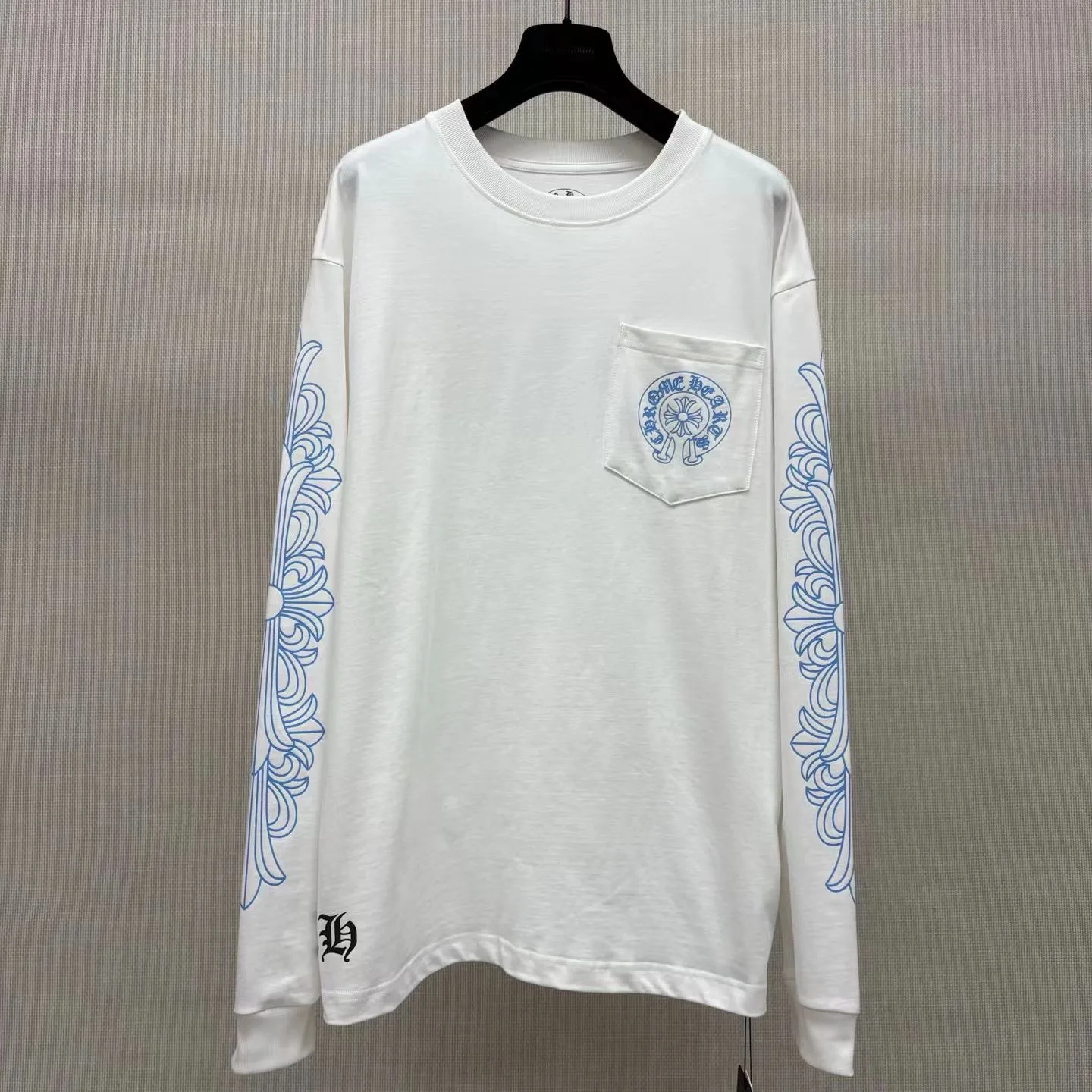 Chrome Hearts Horseshoe Pocket Logo Long Sleeve T Shirt (White/Blue)