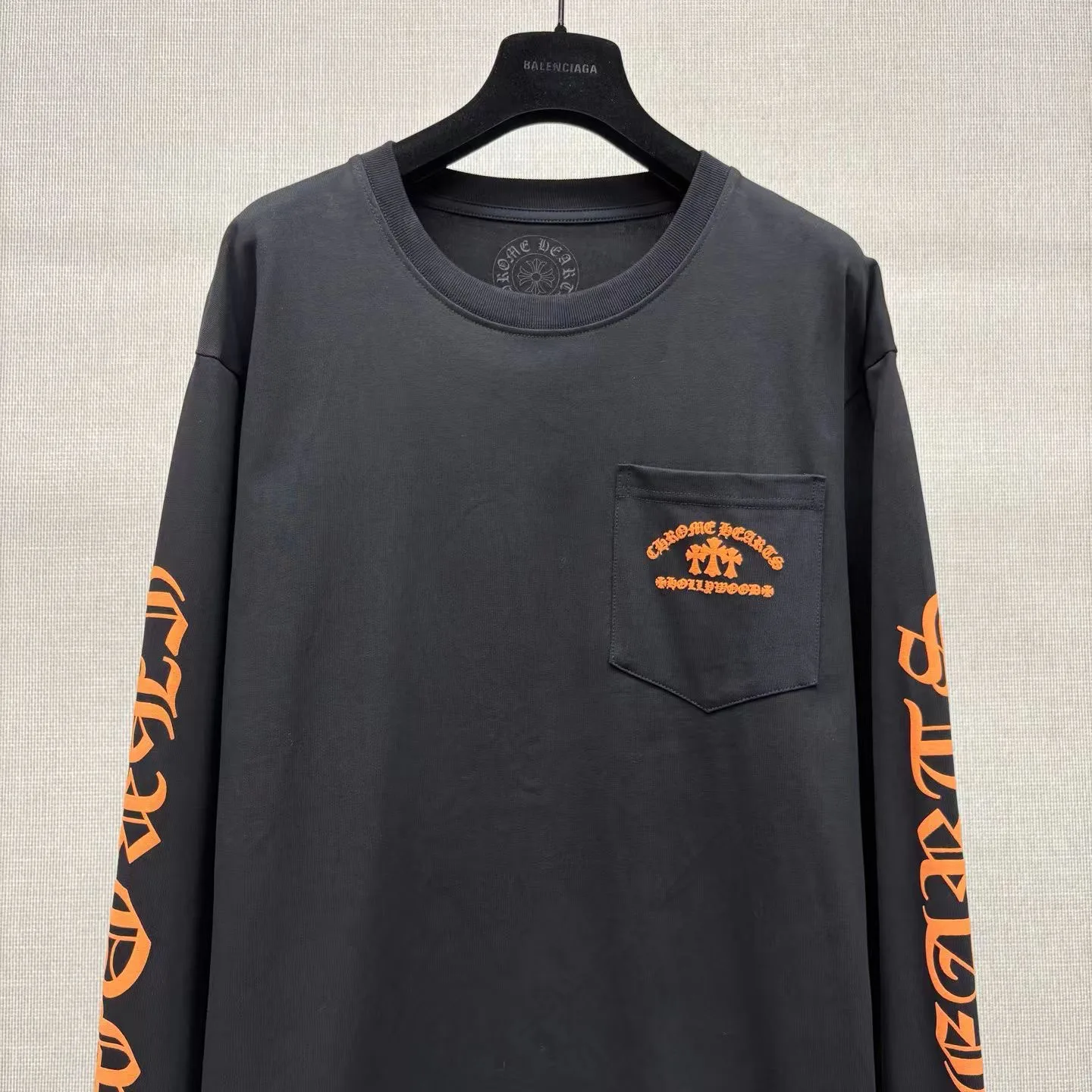 Chrome Hearts Long-Sleeve T-Shirt, Orange, Triple Cemetery Cross, Hollywood (Black) — view 3