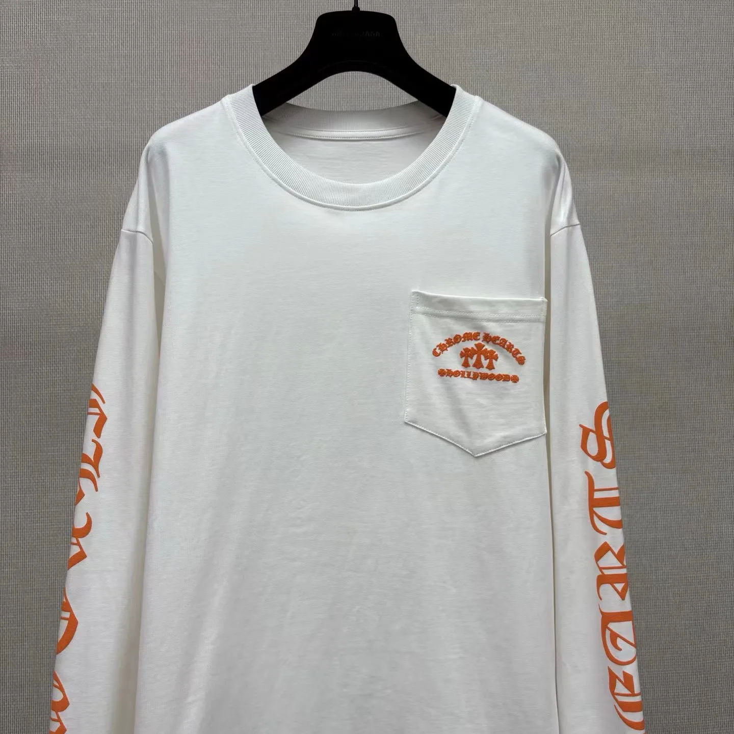 Chrome Hearts Long-Sleeve T-Shirt, Orange, Triple Cemetery Cross, Hollywood (White) — view 2