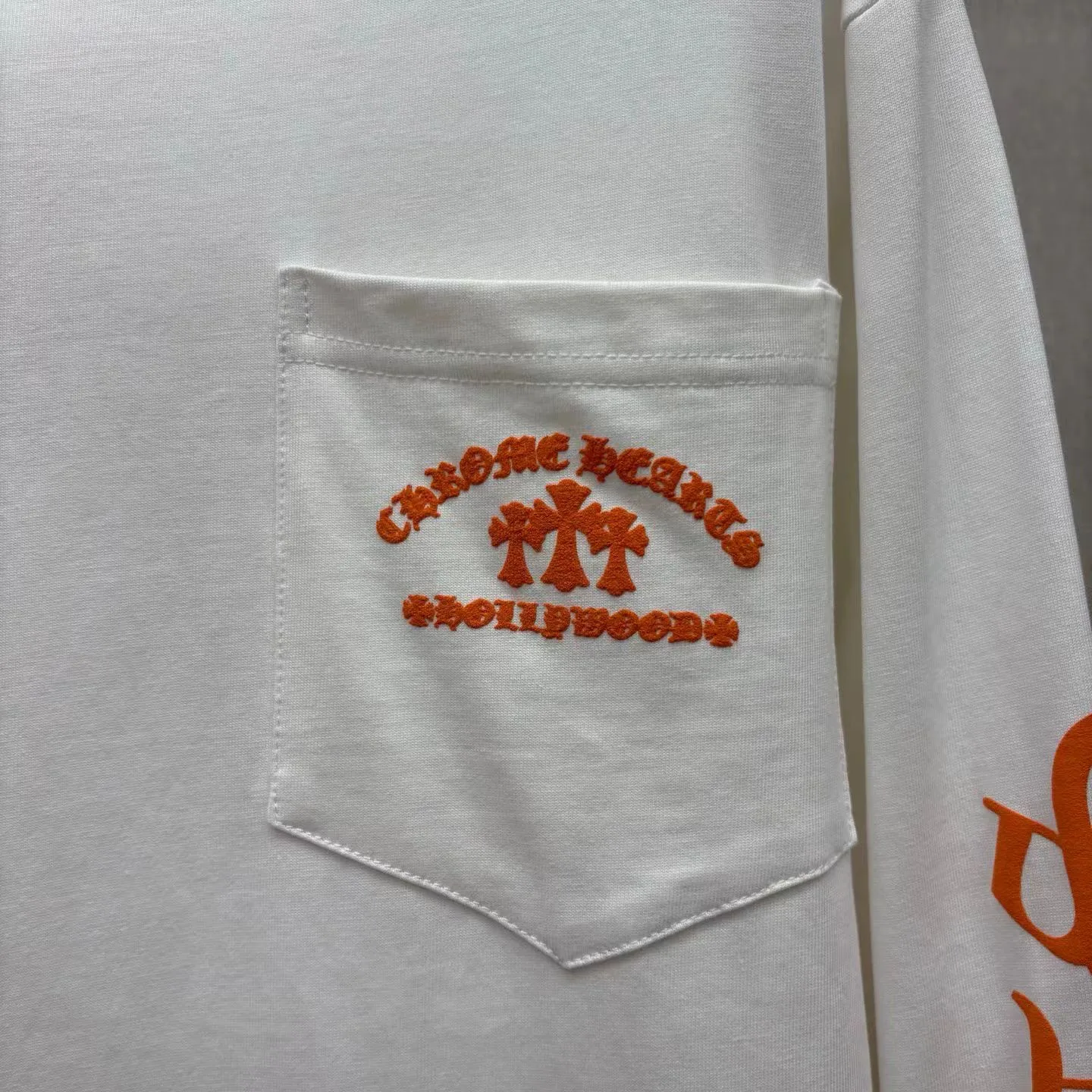 Chrome Hearts Long-Sleeve T-Shirt, Orange, Triple Cemetery Cross, Hollywood (White) — view 3