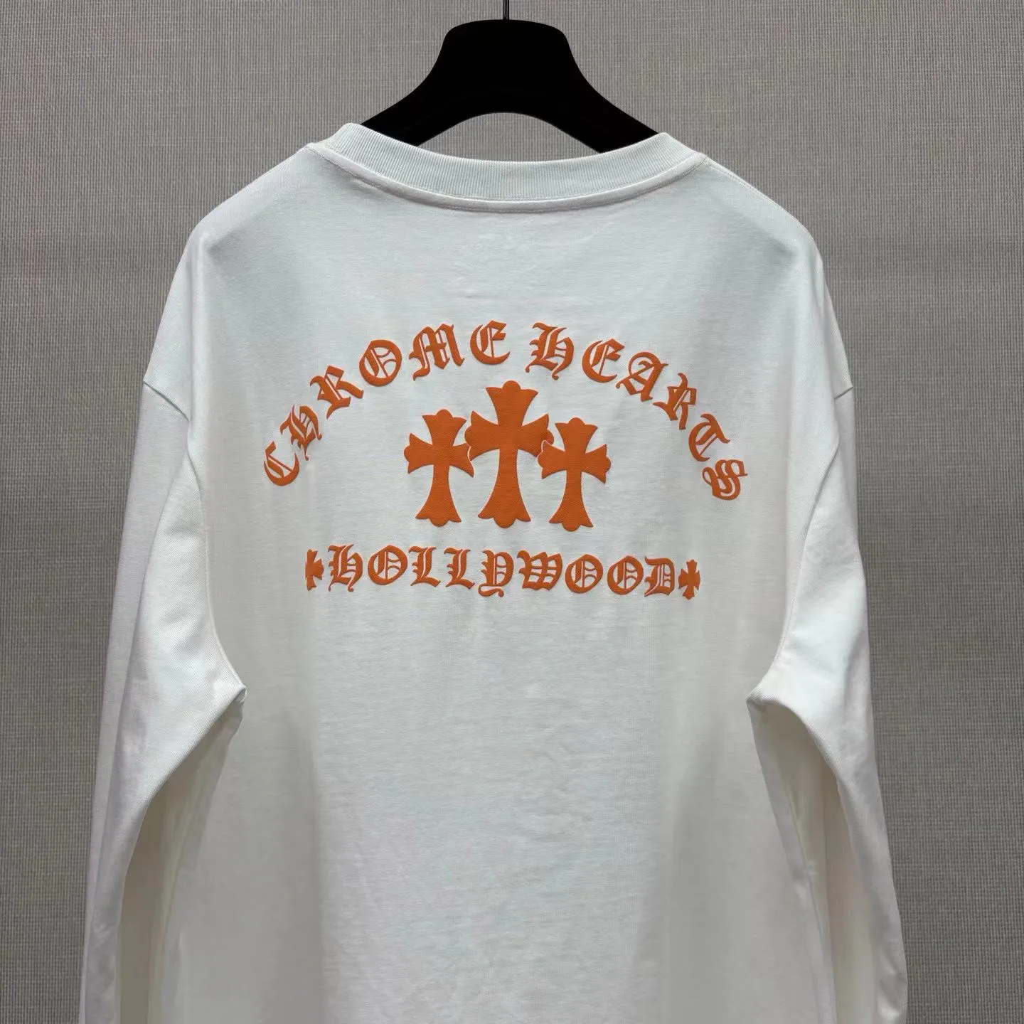 Chrome Hearts Long-Sleeve T-Shirt, Orange, Triple Cemetery Cross, Hollywood (White) — view 4