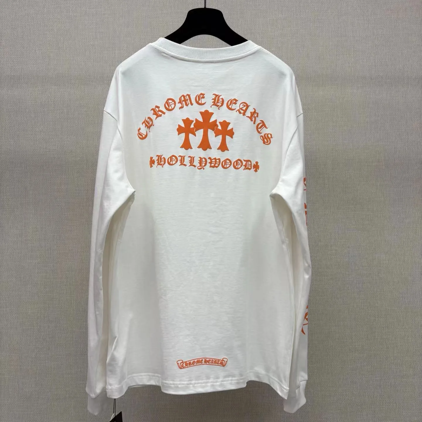Chrome Hearts Long-Sleeve T-Shirt, Orange, Triple Cemetery Cross, Hollywood (White) — view 5