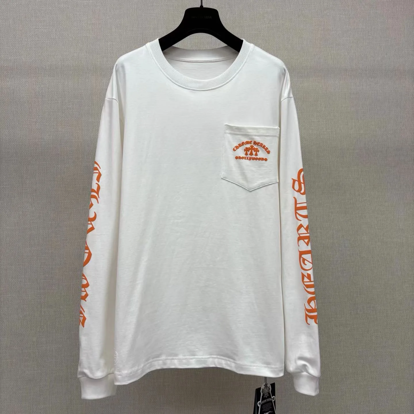Chrome Hearts Long-Sleeve T-Shirt, Orange, Triple Cemetery Cross, Hollywood (White)