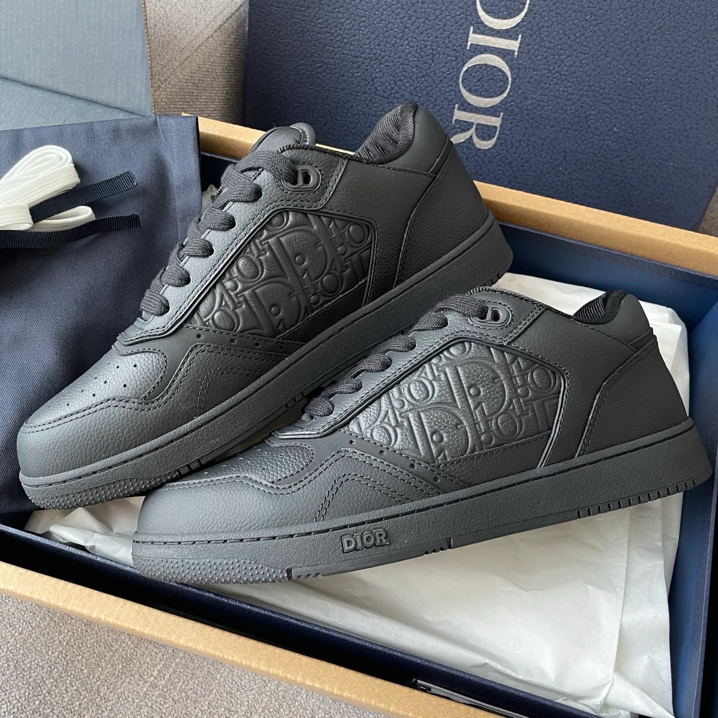 Dior B27 Uptown Low Top Grained Leather Sneaker (Black/Black)