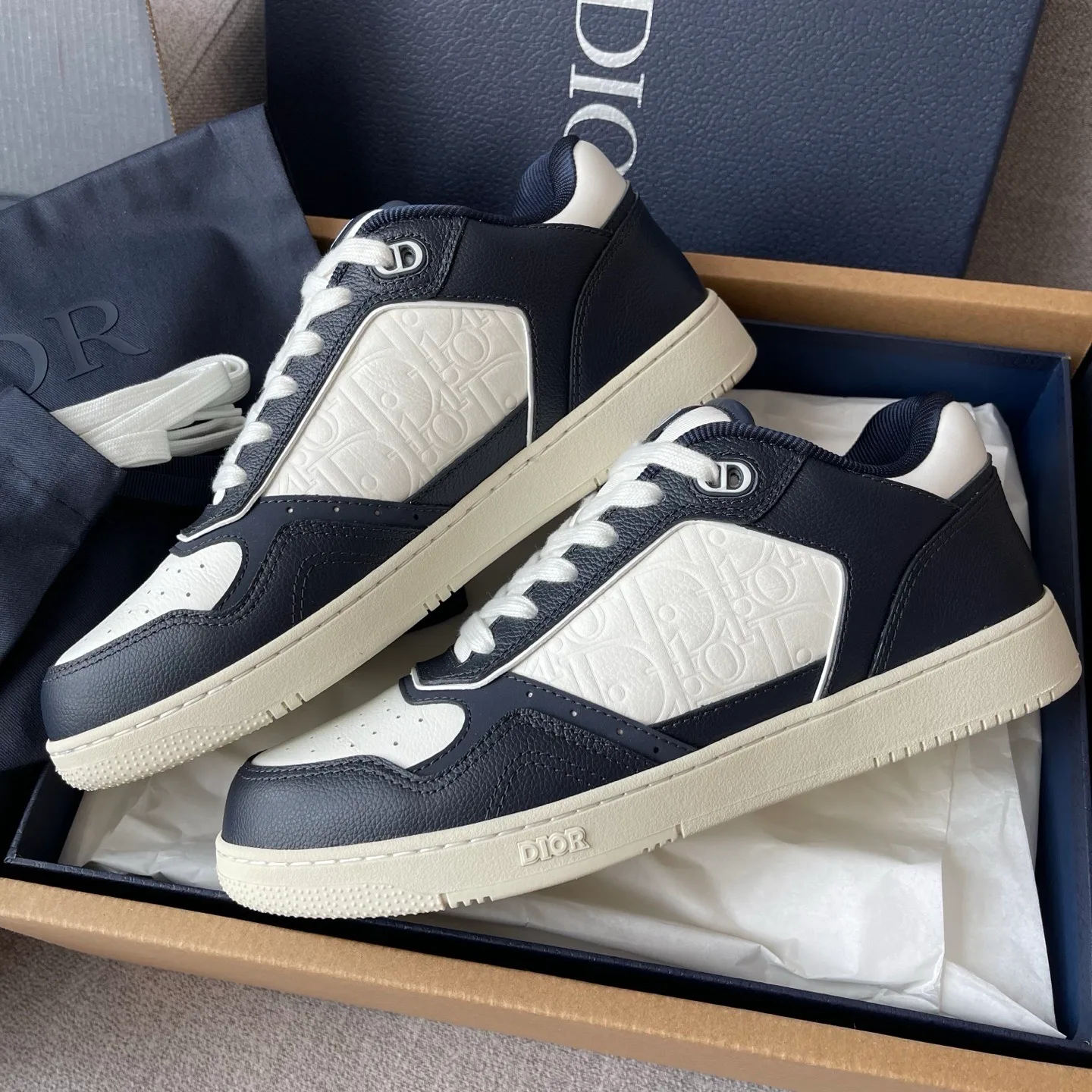 Dior B27 Uptown Low Top Grained Leather Sneaker (Navy/White)