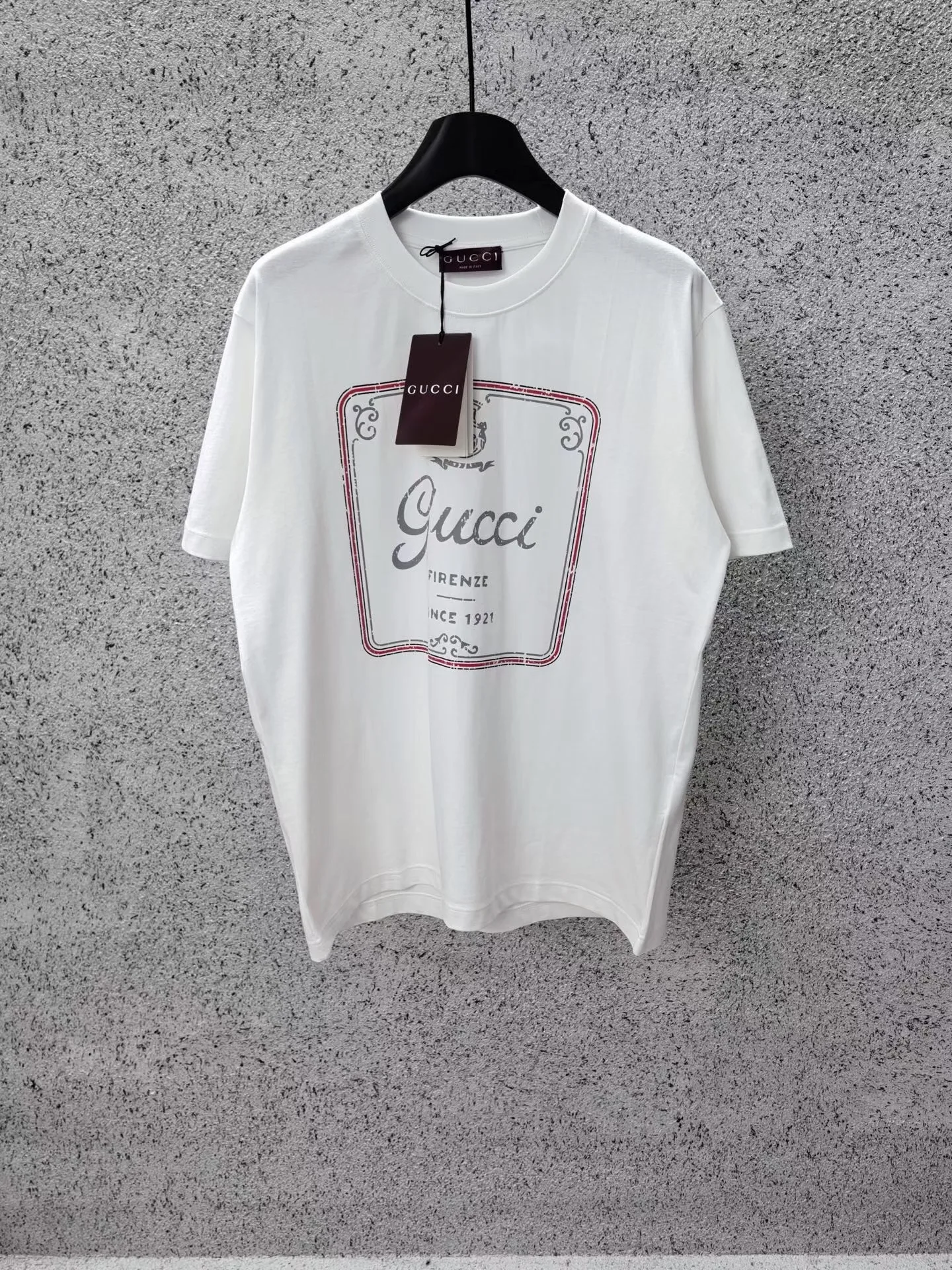 Gucci White Short Sleeve Logo Tee with Red and Silver Accent