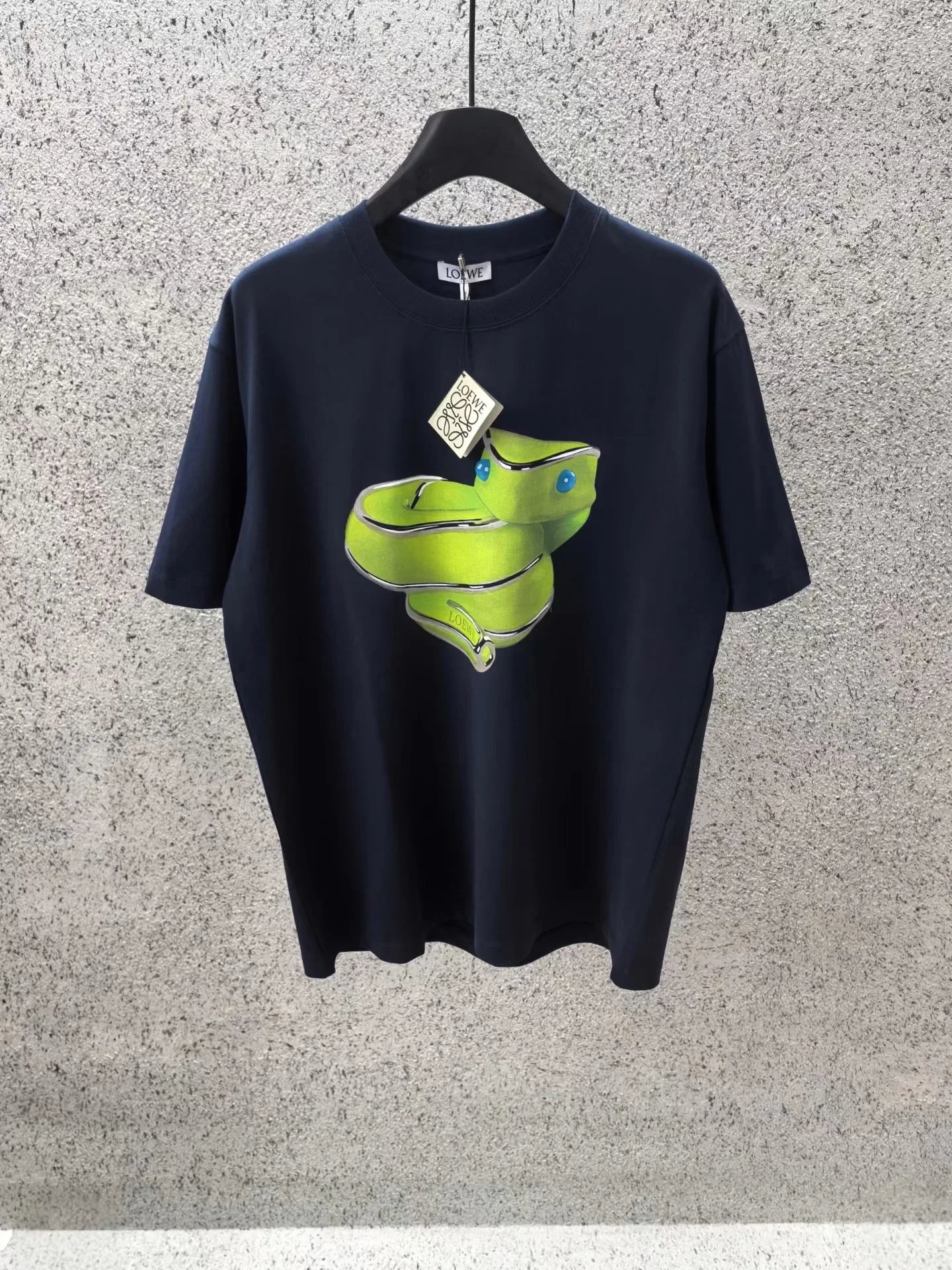Loewe White Short Sleeve T-Shirt with Green Snake Graphic (Navy)