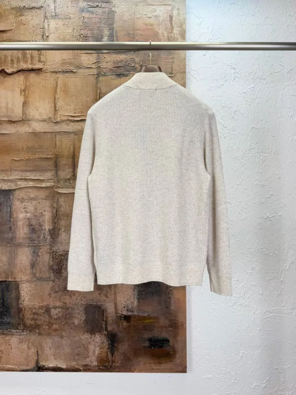 LP Ribbed-knit Wool Zip Up Sweater (Beige) — ビュー 2