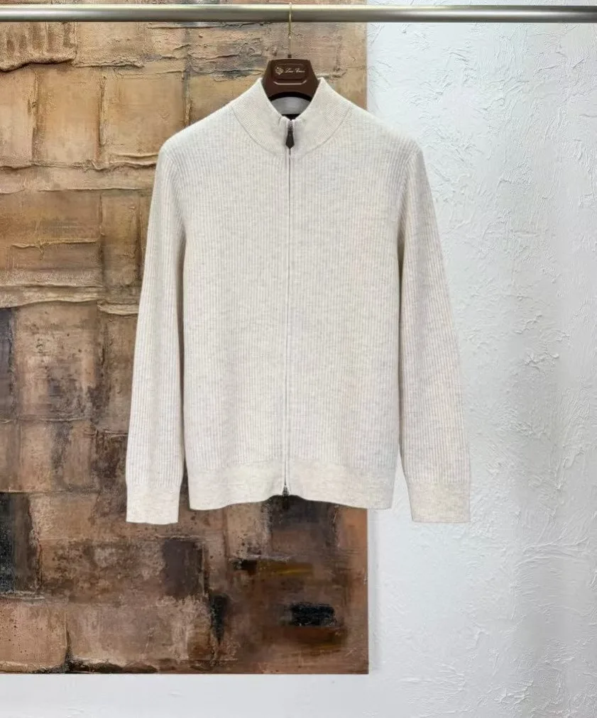 LP Ribbed-knit Wool Zip Up Sweater (Beige)