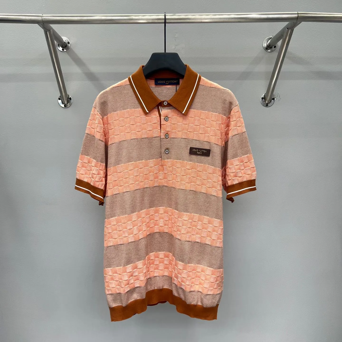 Damier Striped Polo Shirt (Roasted Pecan)