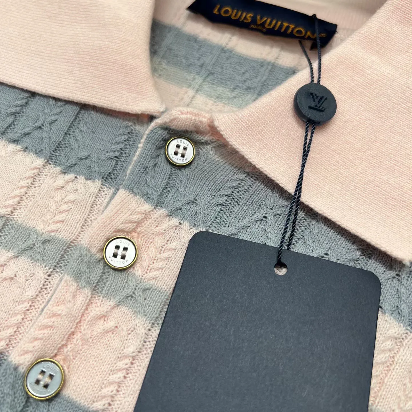 Stripy Cable-Knit Polo Shirt (Light Pink) — 보기 2