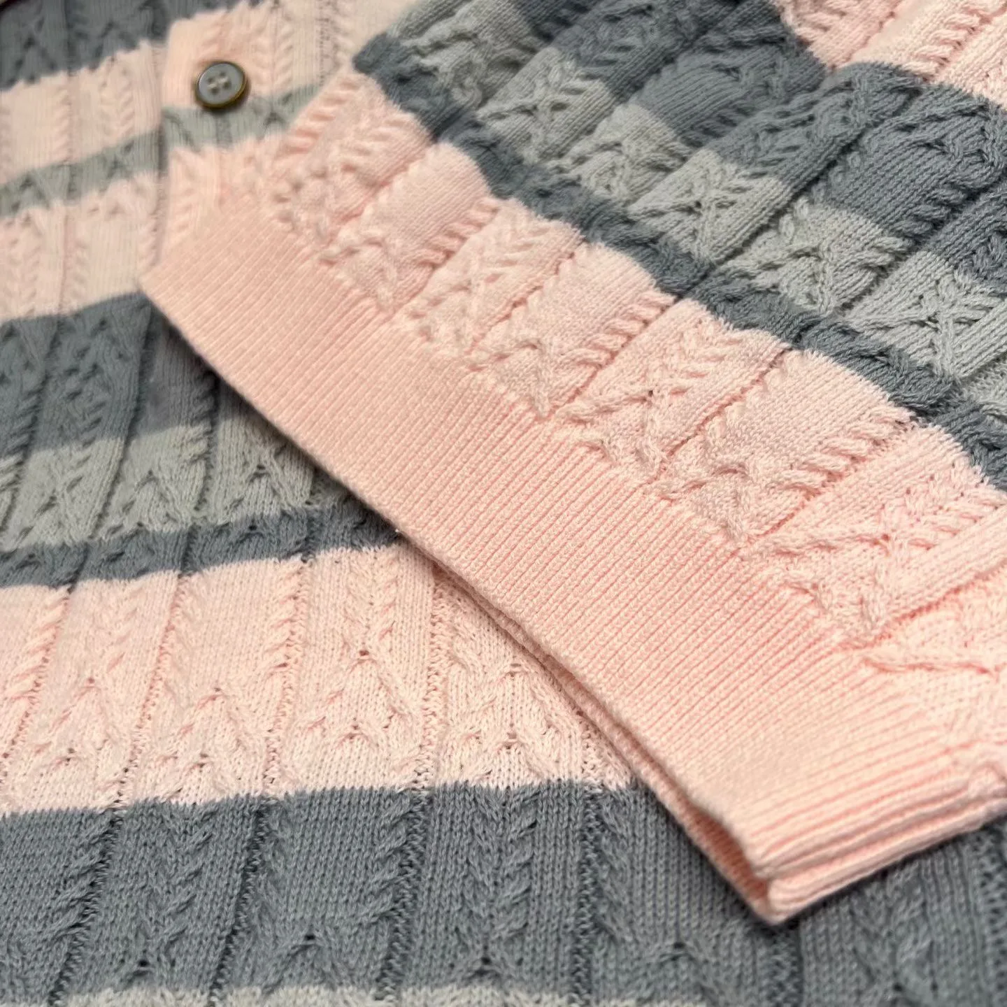 Stripy Cable-Knit Polo Shirt (Light Pink) — 보기 3
