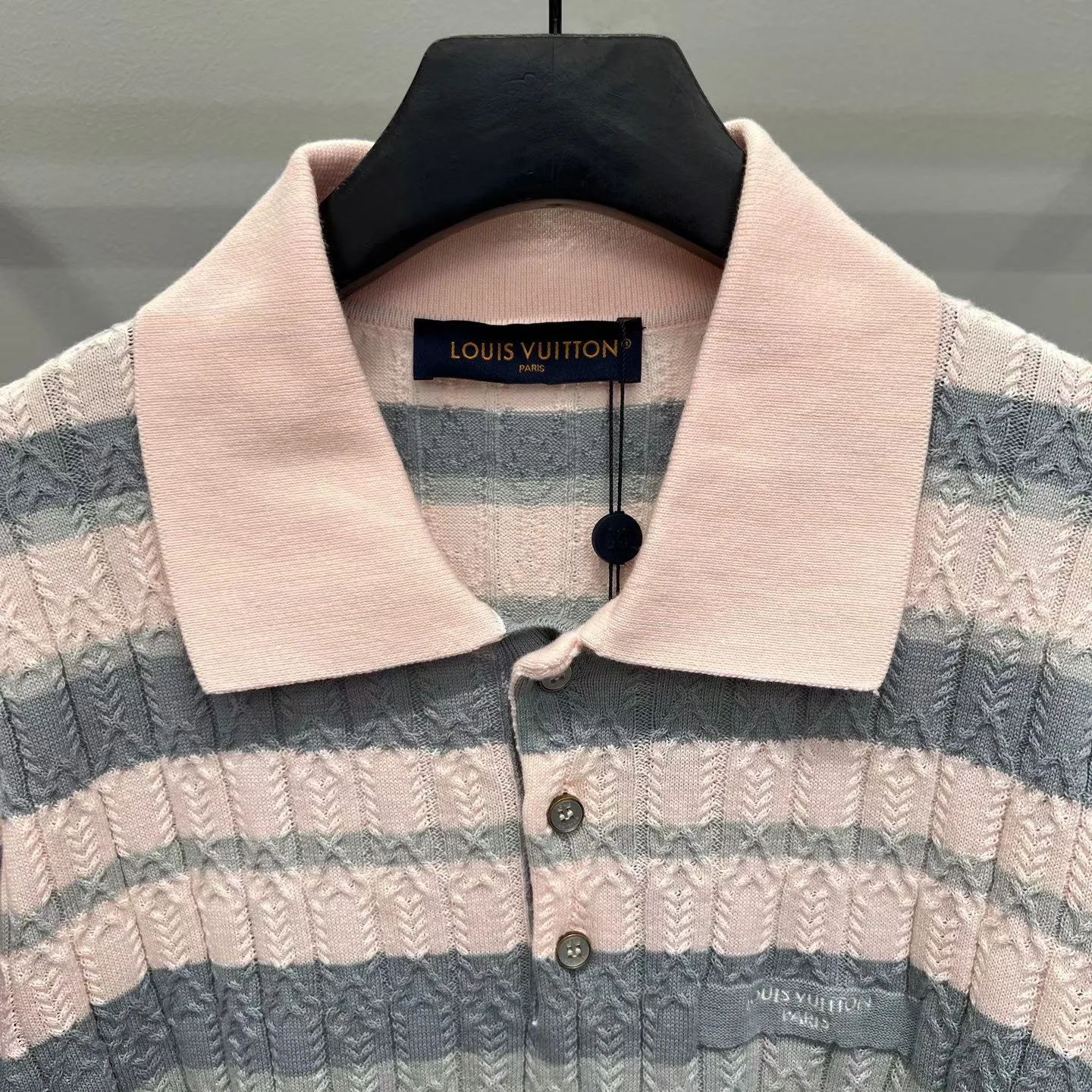 Stripy Cable-Knit Polo Shirt (Light Pink) — 보기 7