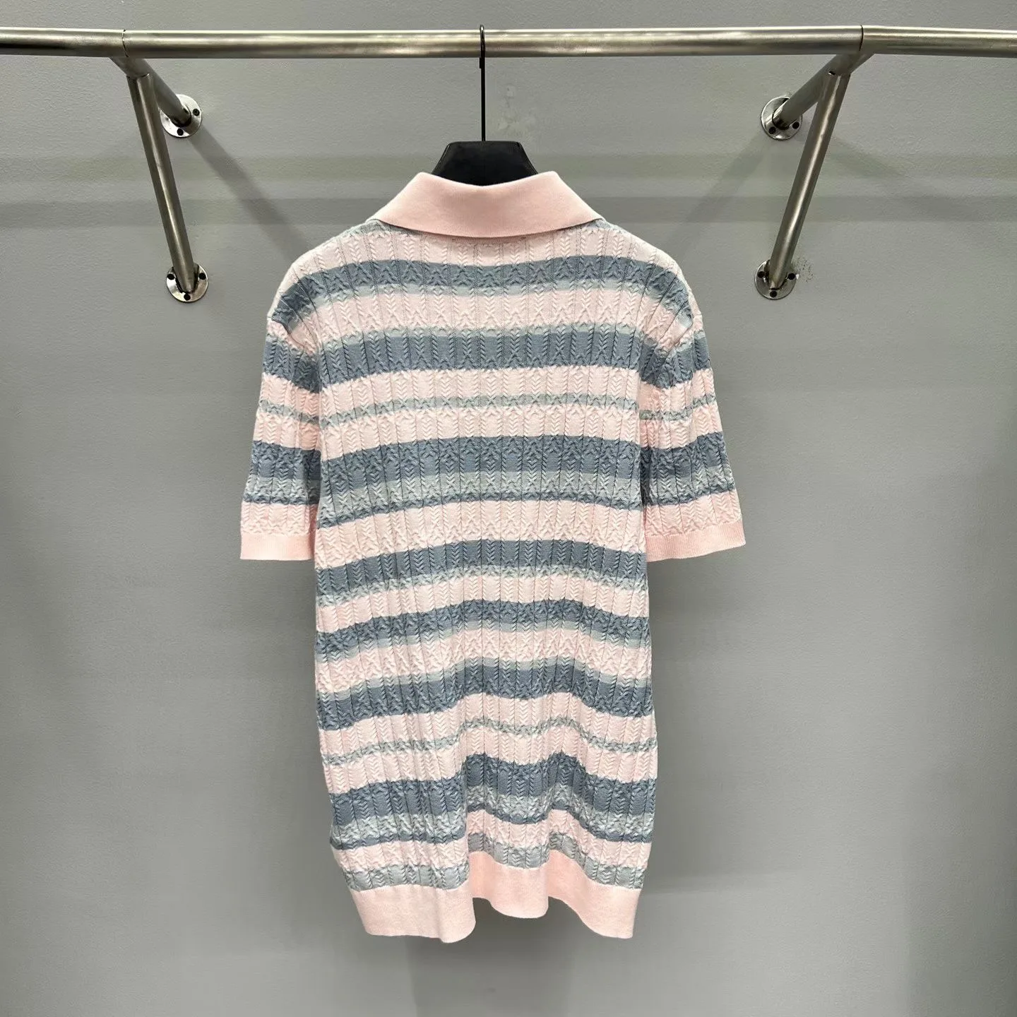 Stripy Cable-Knit Polo Shirt (Light Pink) — 보기 8