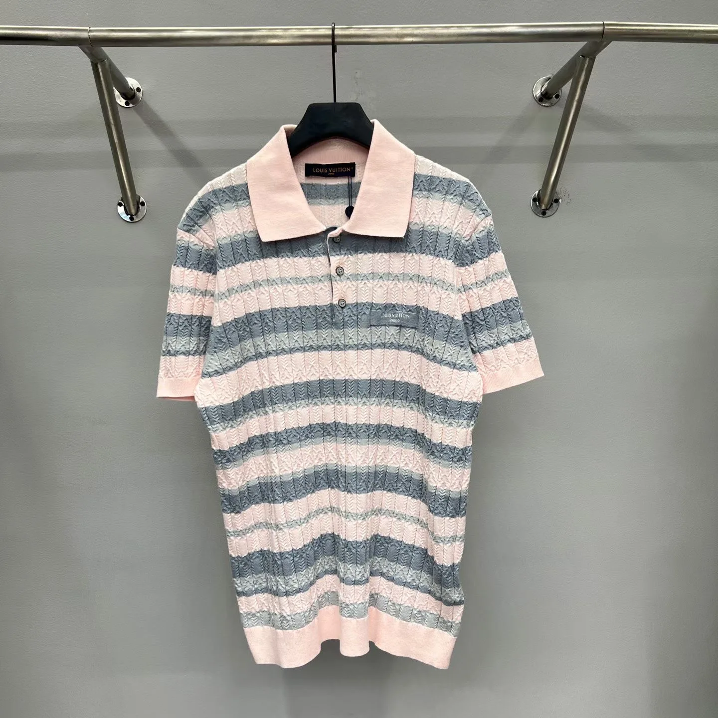 Stripy Cable-Knit Polo Shirt (Light Pink)