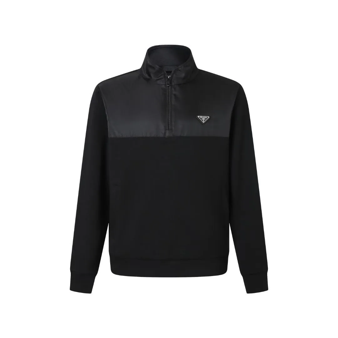 Prada Cotton Fleece Zipper Jacket with Re-Nylon Details (Black)