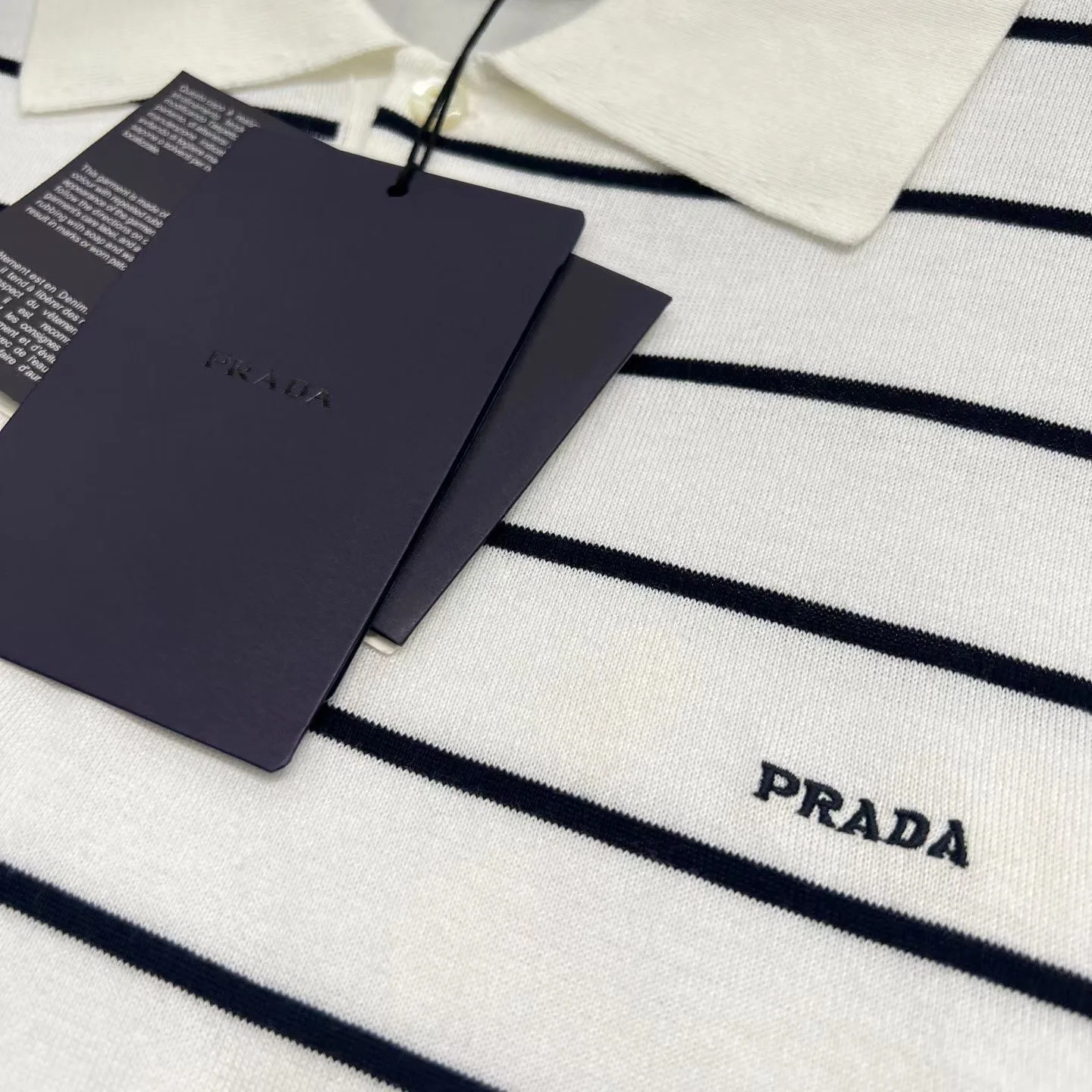 Prada Short-Sleeved Striped Cotton Polo Shirt (Cream White) — view 2