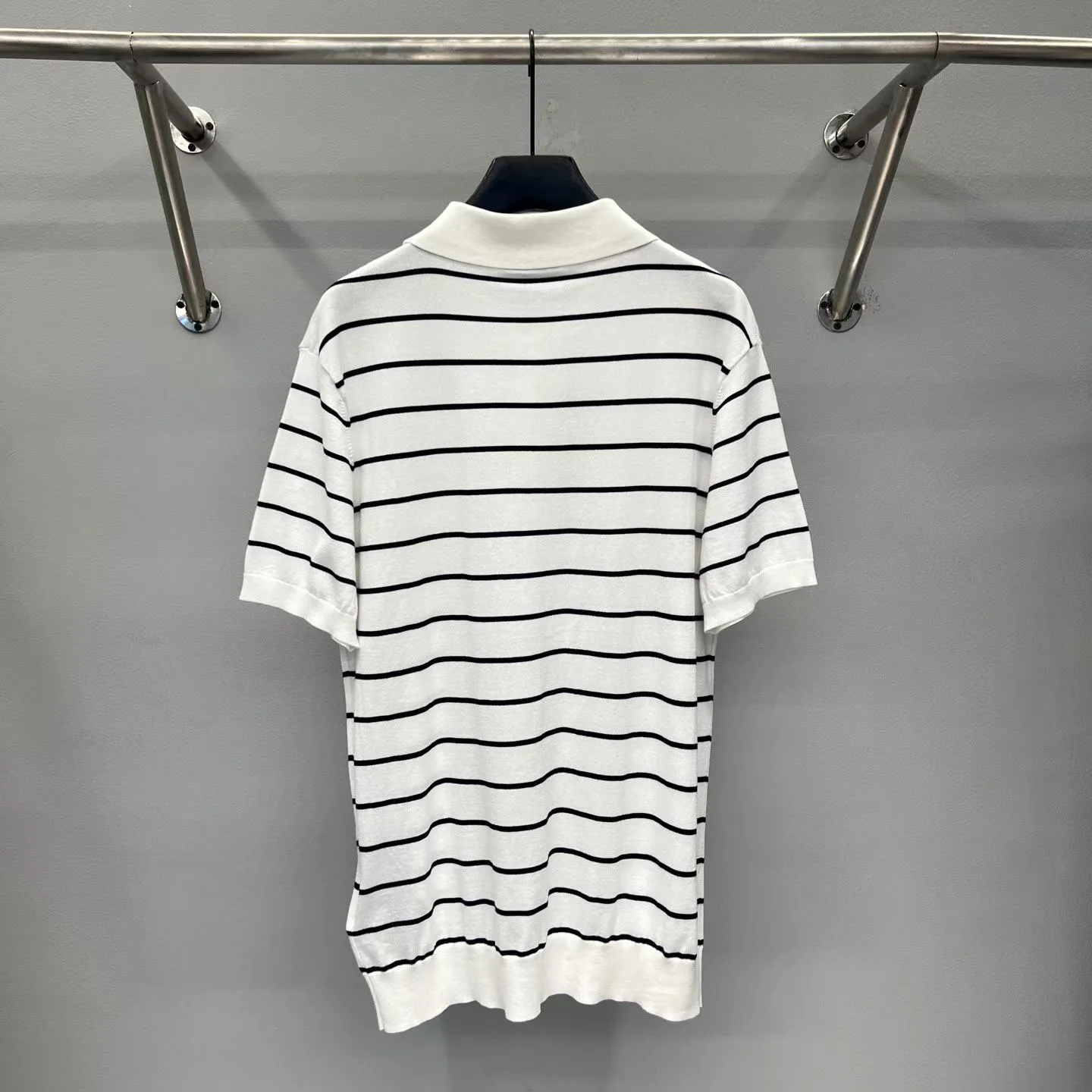 Prada Short-Sleeved Striped Cotton Polo Shirt (Cream White) — view 3