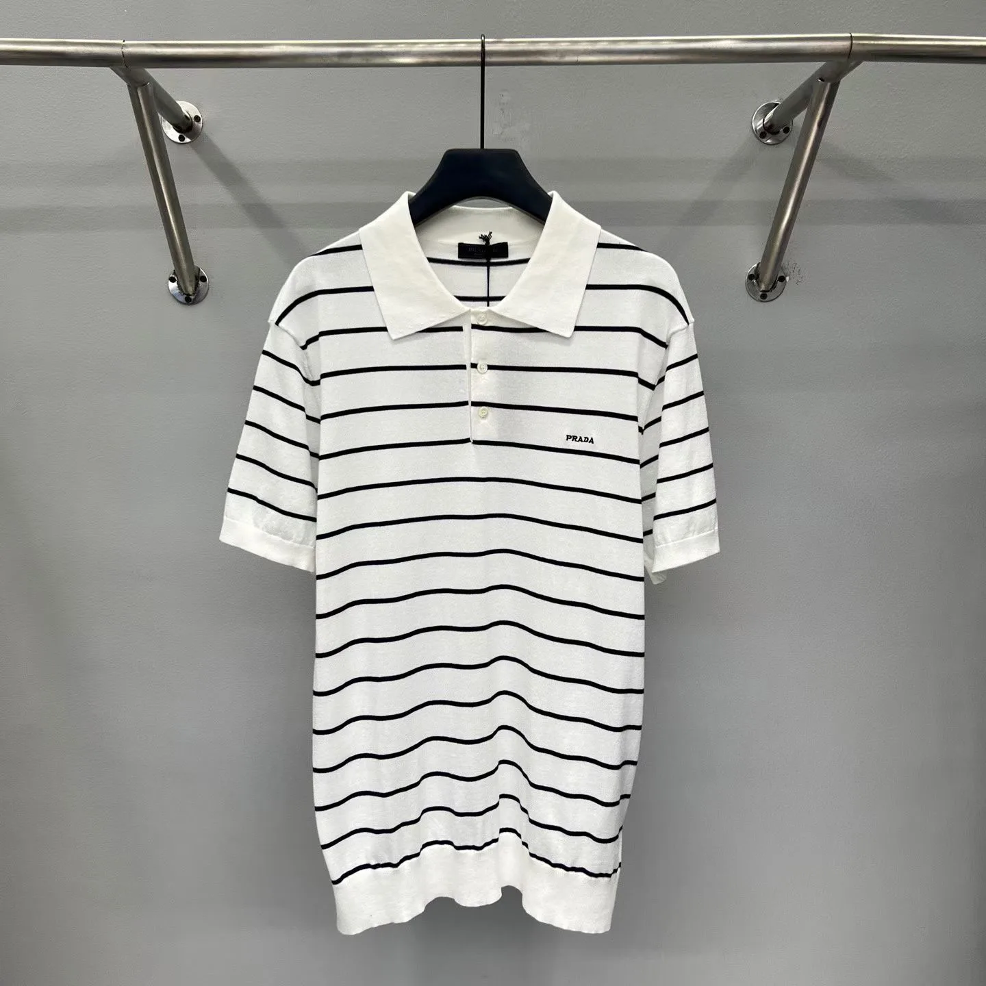 Prada Short-Sleeved Striped Cotton Polo Shirt (Cream White)