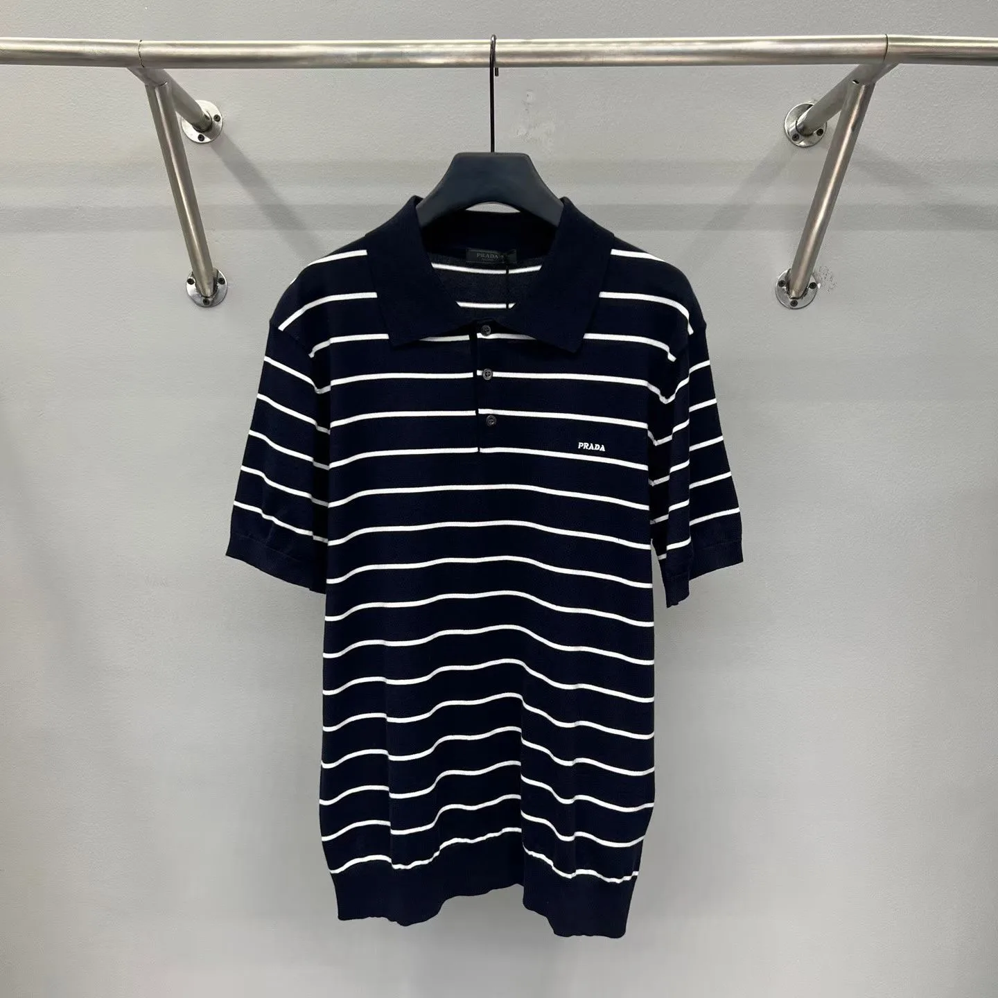 Prada Short-Sleeved Striped Cotton Polo Shirt (Navy)