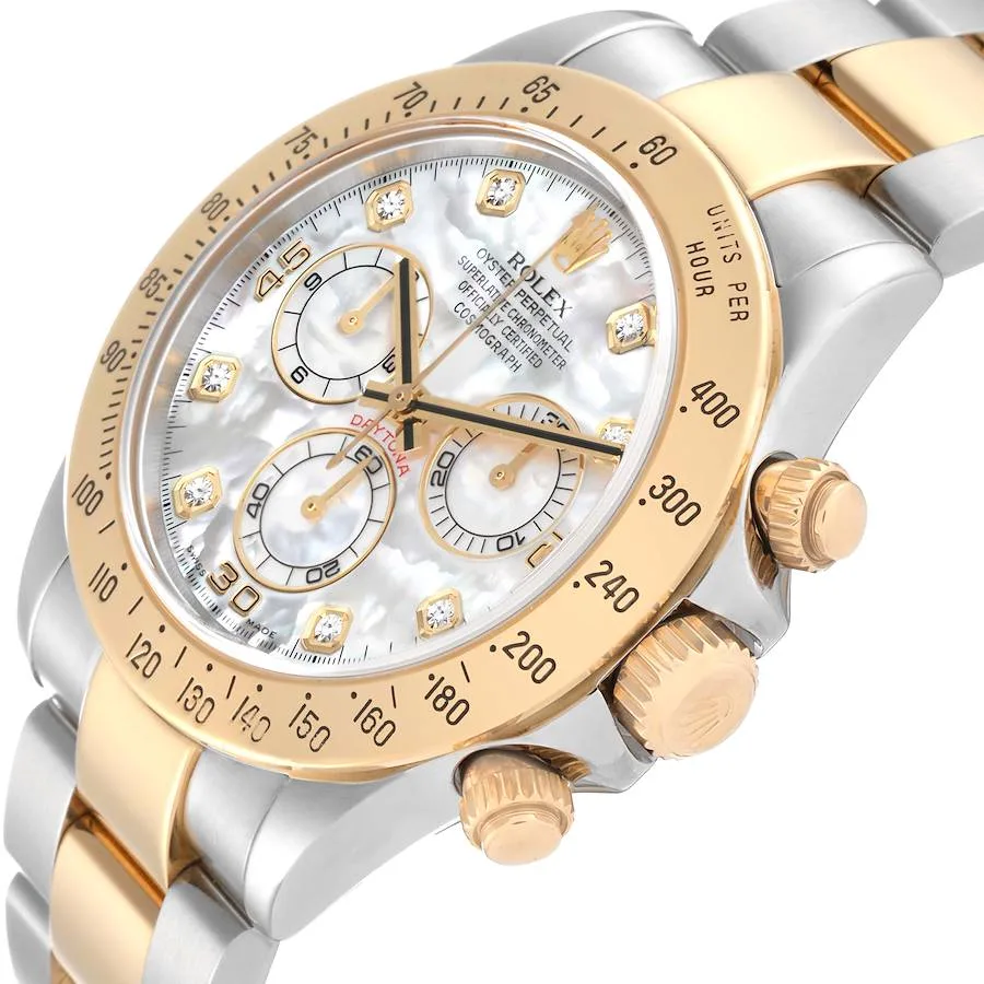 Rolex Daytona 40mm Two-Tone Yellow Gold & Oystersteel White Mother of Pearl Diamond Dial Yellow Gold Bezel Oyster Bracelet 126503 — view 3