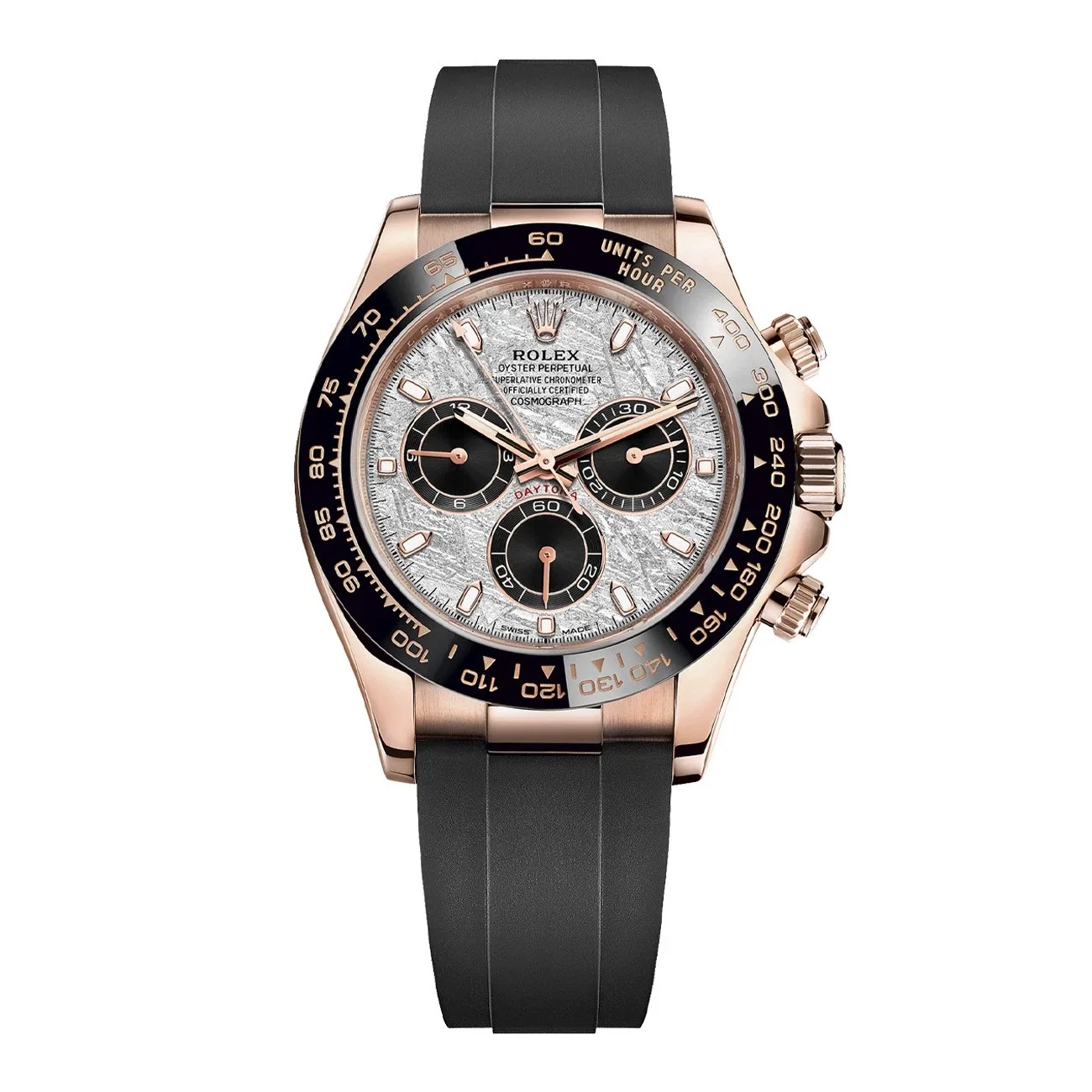 Rolex Daytona 40mm Everose Gold Meteorite Dial Black Bezel Oysterflex Bracelet 116515LN