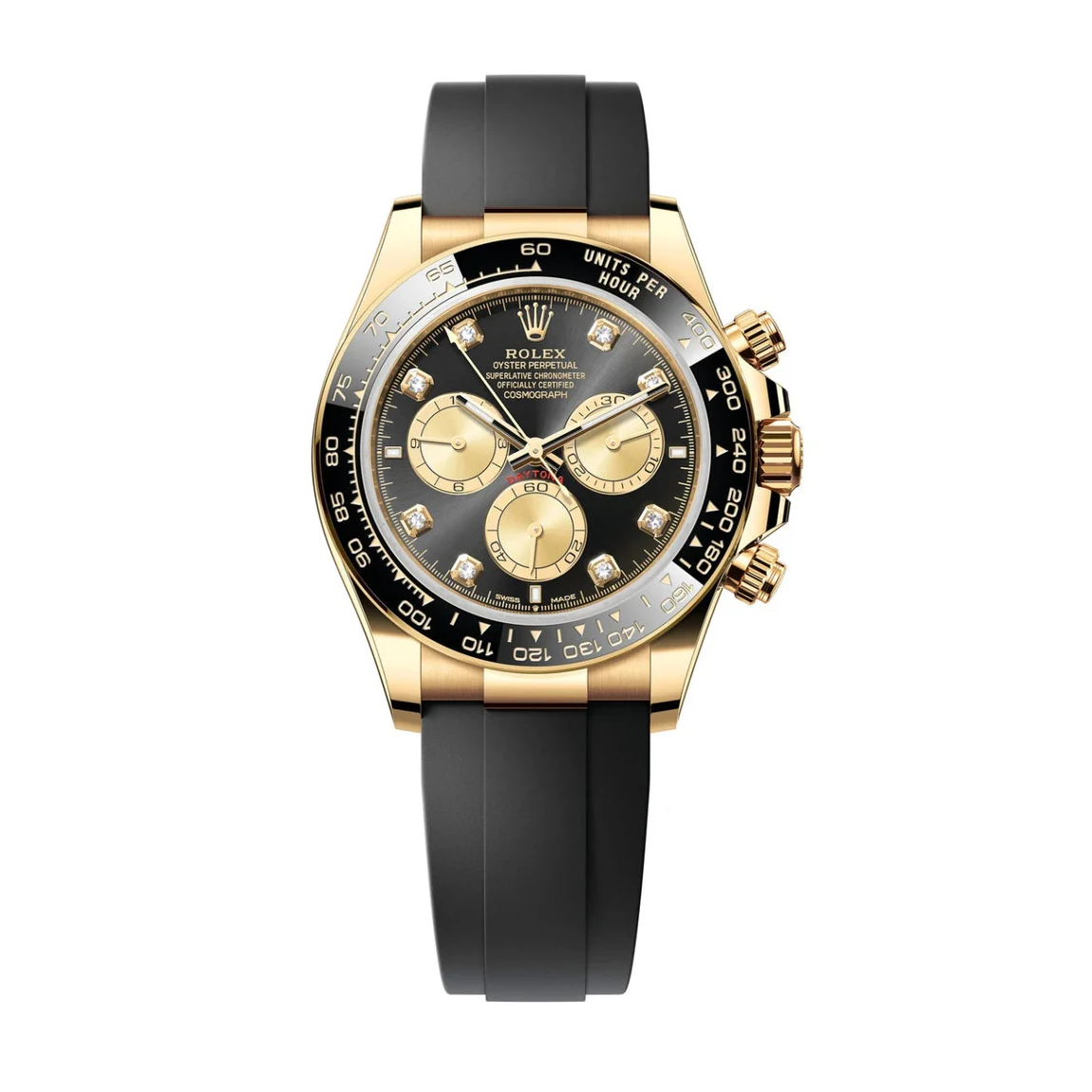 Rolex Daytona 40mm Yellow Gold Black Diamond Dial Black Bezel Oysterflex Bracelet 126518LN