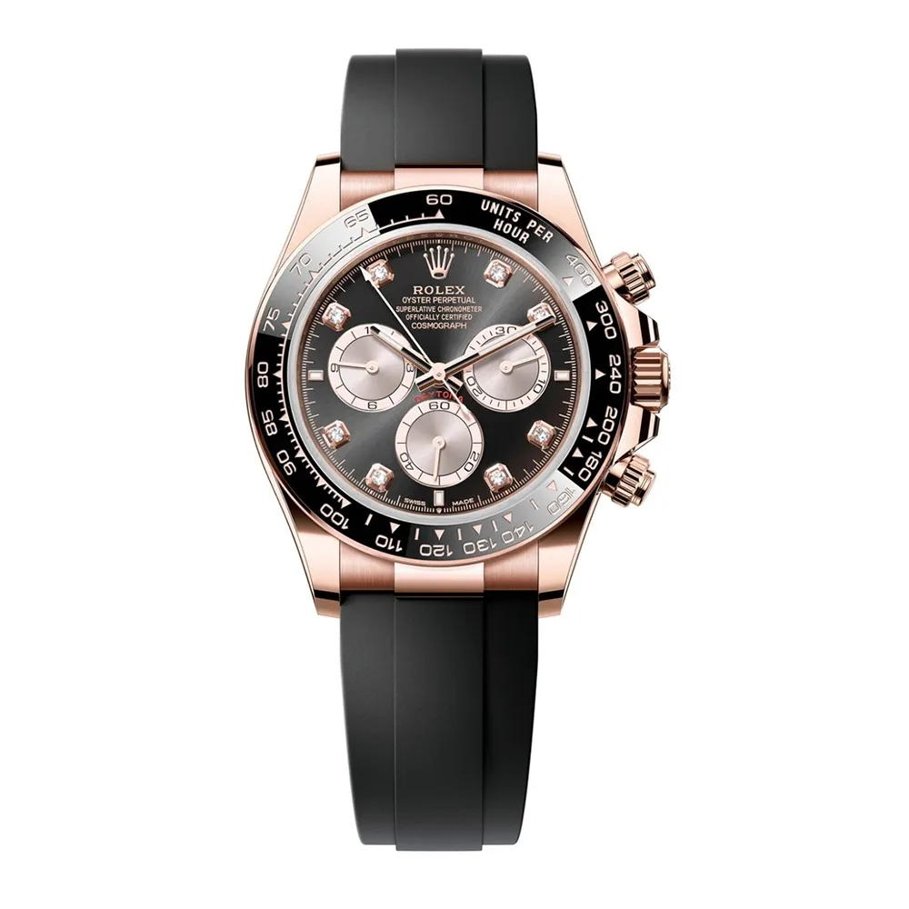 Rolex Daytona 40mm Everose Gold Black Diamond Dial Black Bezel Oysterflex Bracelet 126515LN