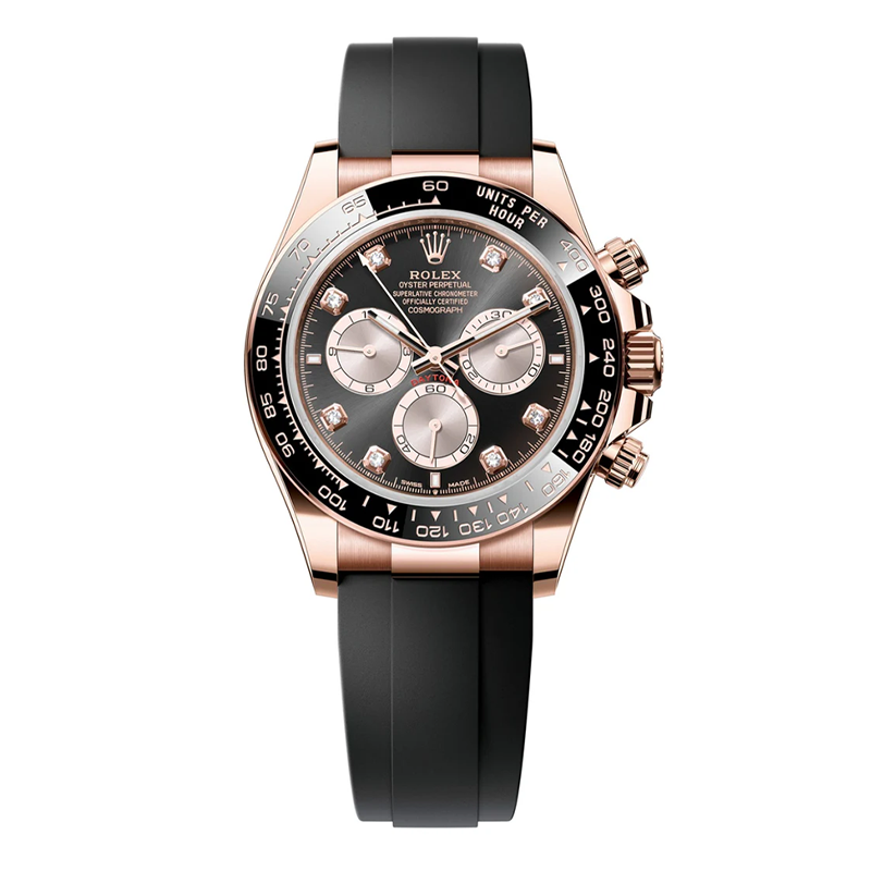 Rolex Daytona 40mm Everose Gold Black Diamond Dial Black Bezel Oysterflex Bracelet 126515LN