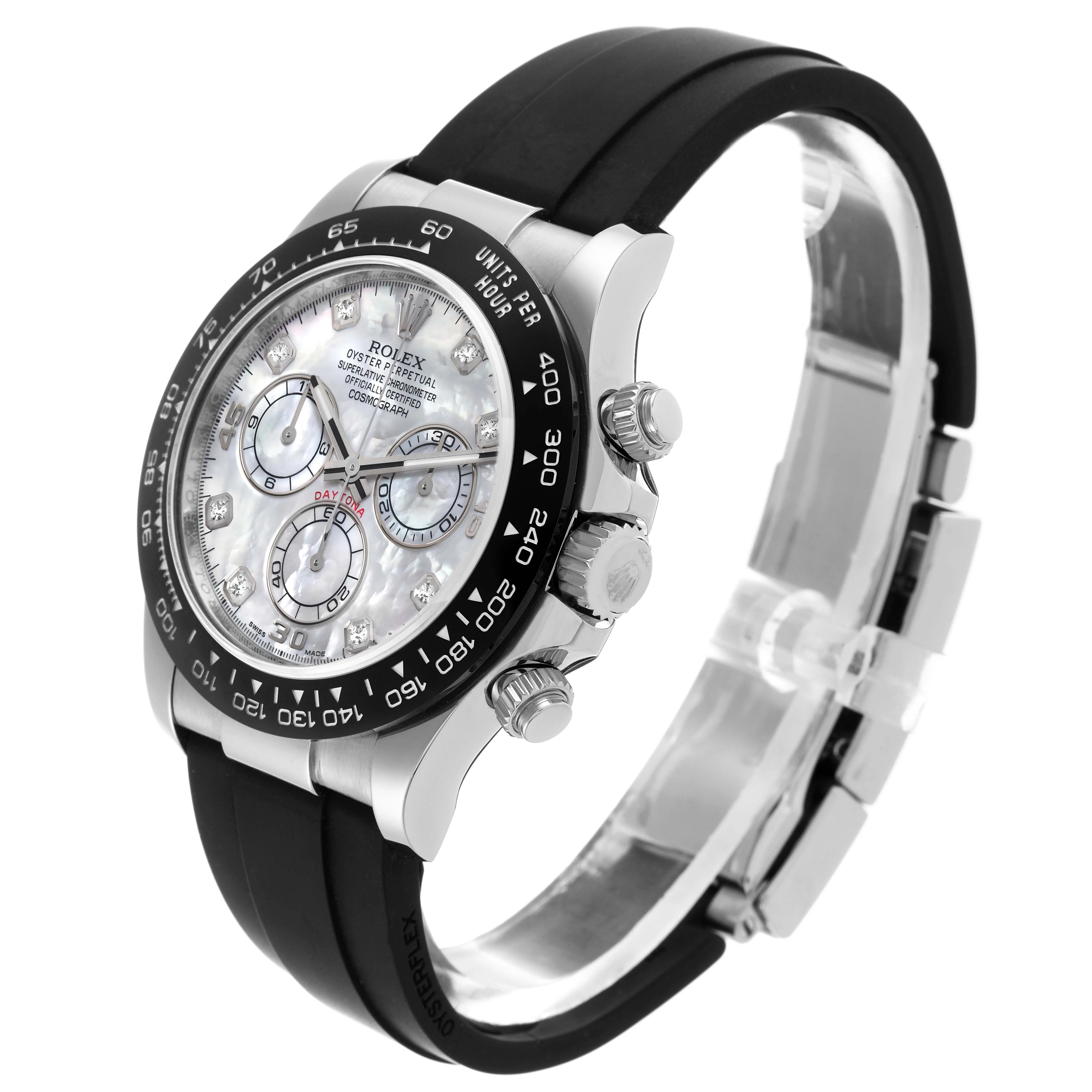 Rolex Daytona 40mm White Gold White Mother of Pearl Diamond Dial Black Bezel Oysterflex Bracelet 126519LN — view 3