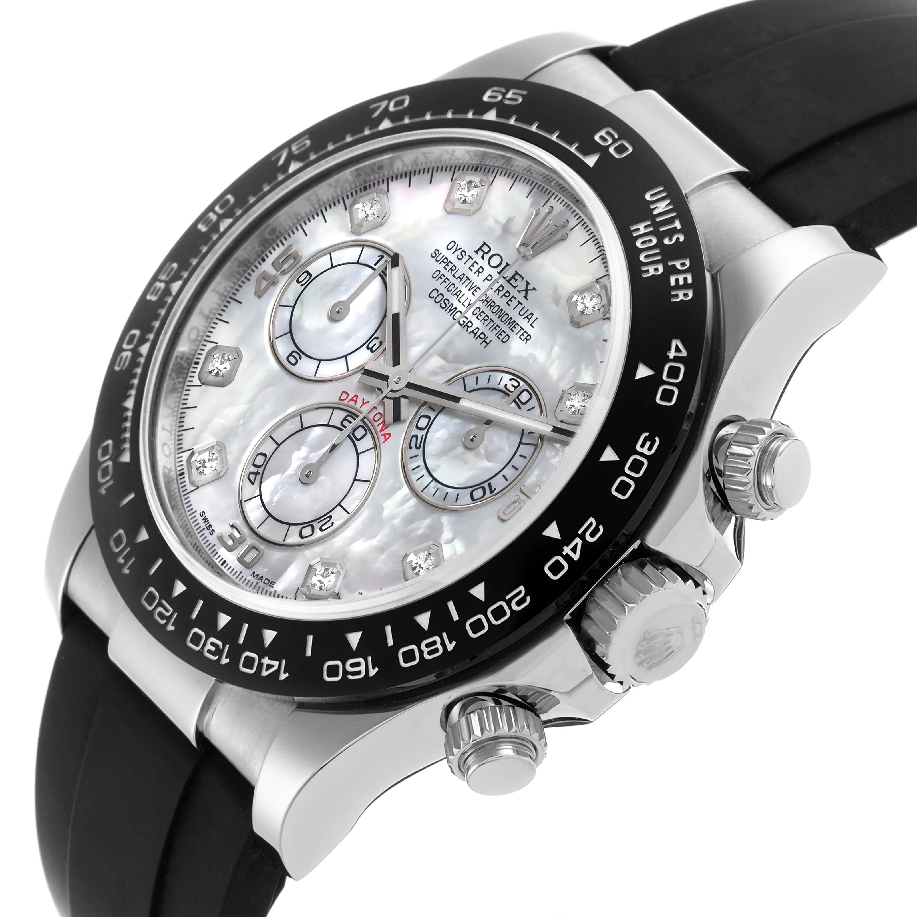 Rolex Daytona 40mm White Gold White Mother of Pearl Diamond Dial Black Bezel Oysterflex Bracelet 126519LN — view 4