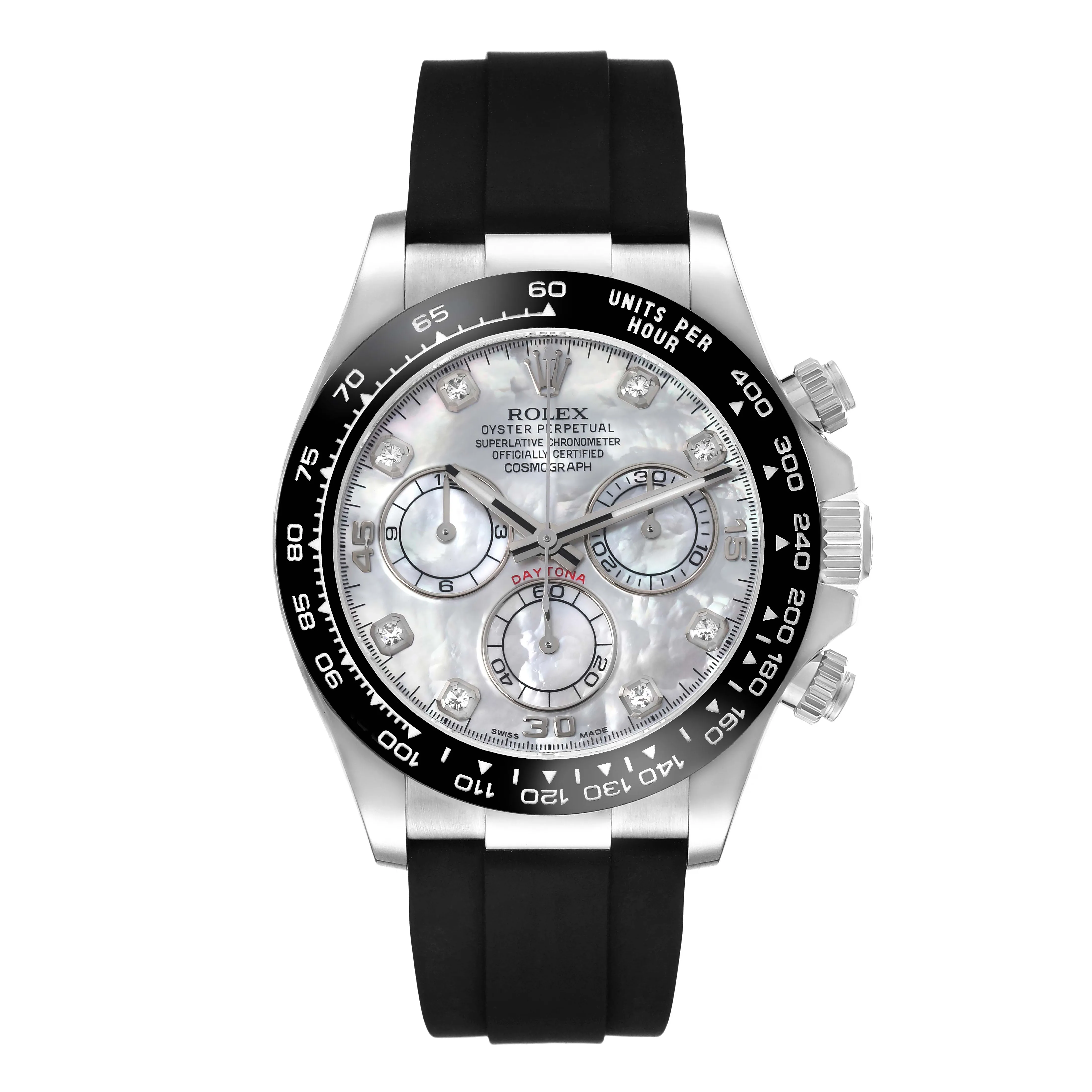 Rolex Daytona 40mm White Gold White Mother of Pearl Diamond Dial Black Bezel Oysterflex Bracelet 126519LN