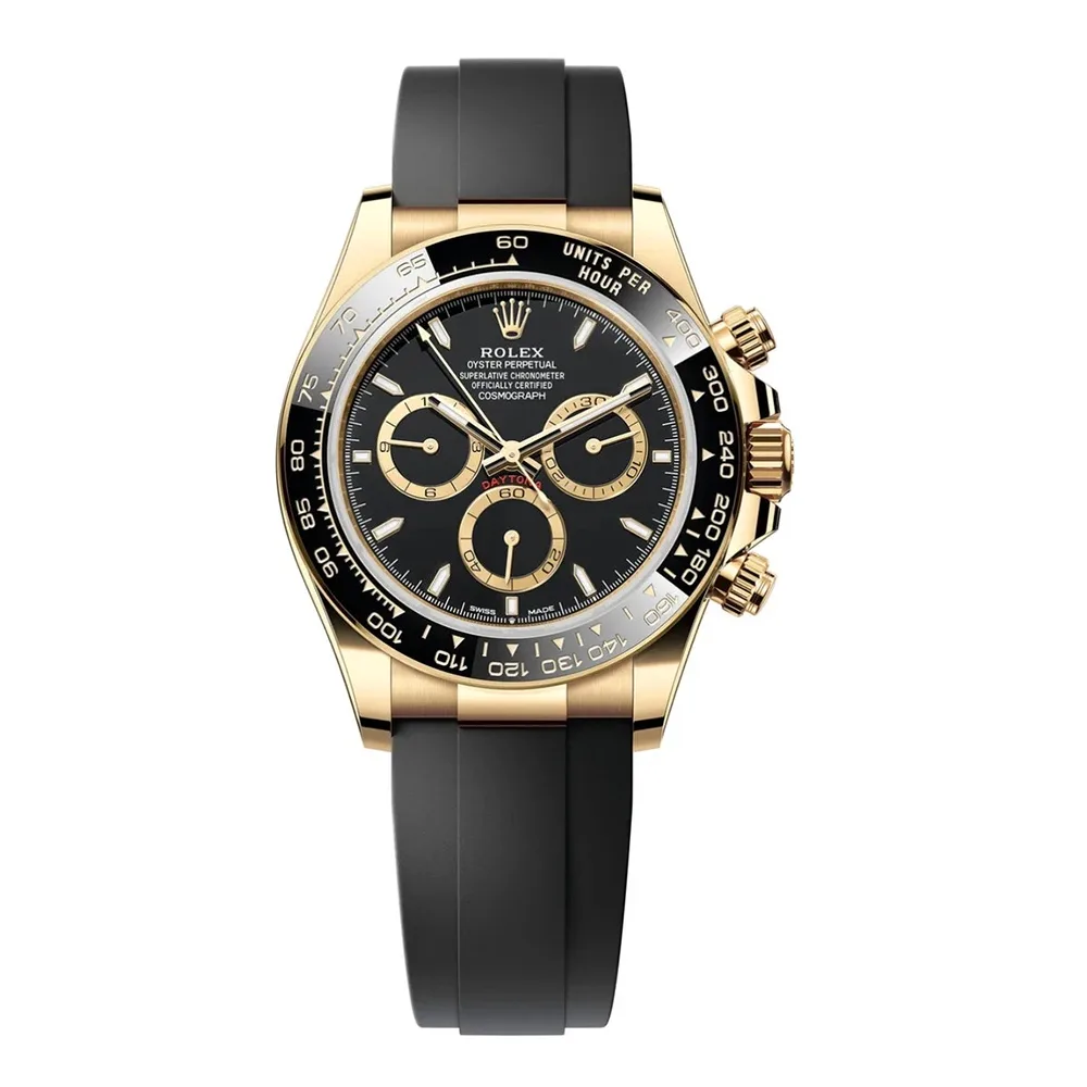 Rolex Daytona 40mm Yellow Gold Black Dial Black Bezel Oysterflex Bracelet 126518LN
