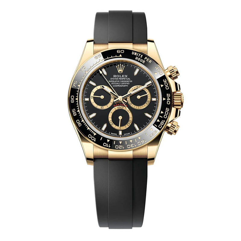 Rolex Daytona 40mm Yellow Gold Black Dial Black Bezel Oysterflex Bracelet 126518LN