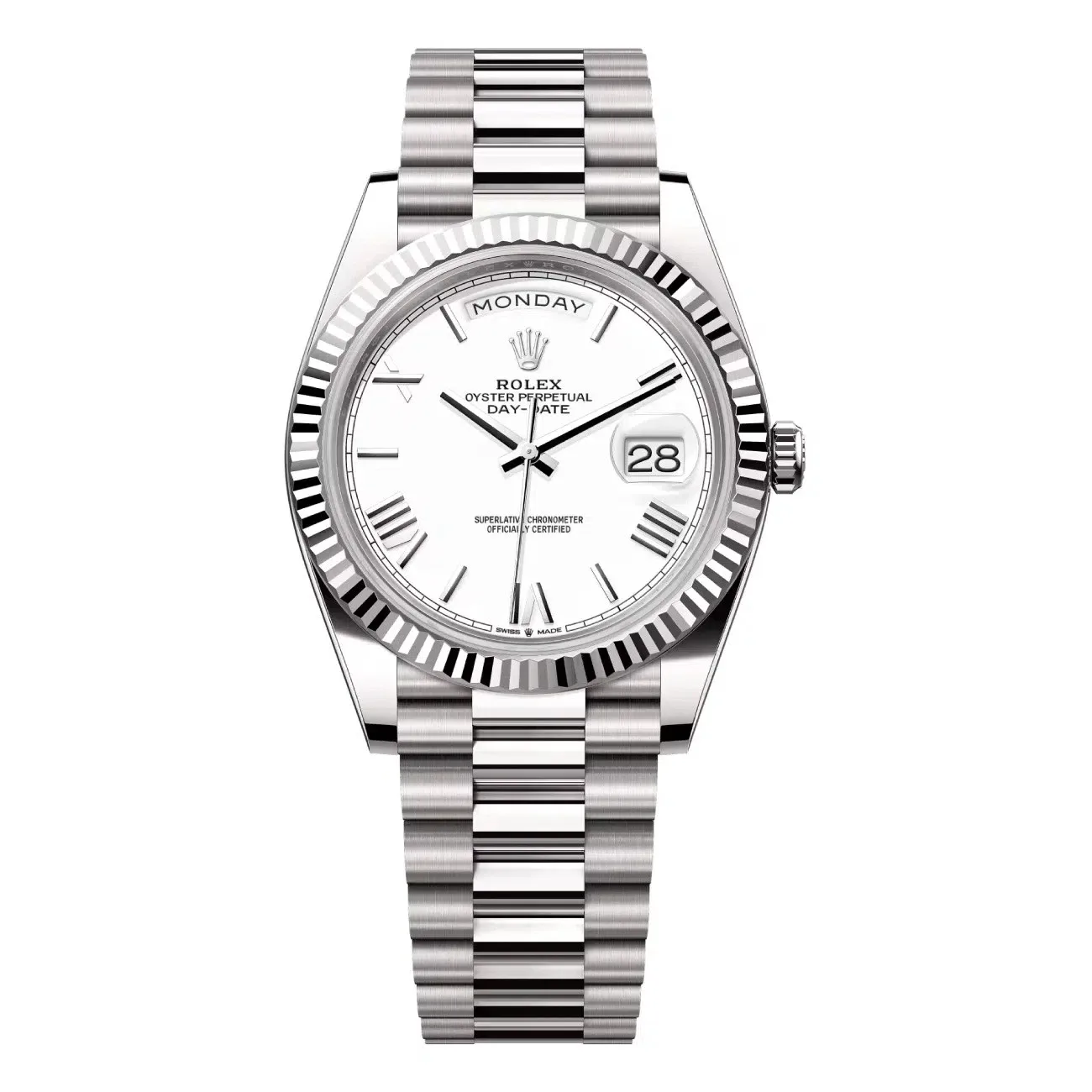 Rolex Day-Date 40mm White Gold White Roman Dial Fluted Bezel President Bracelet 228239